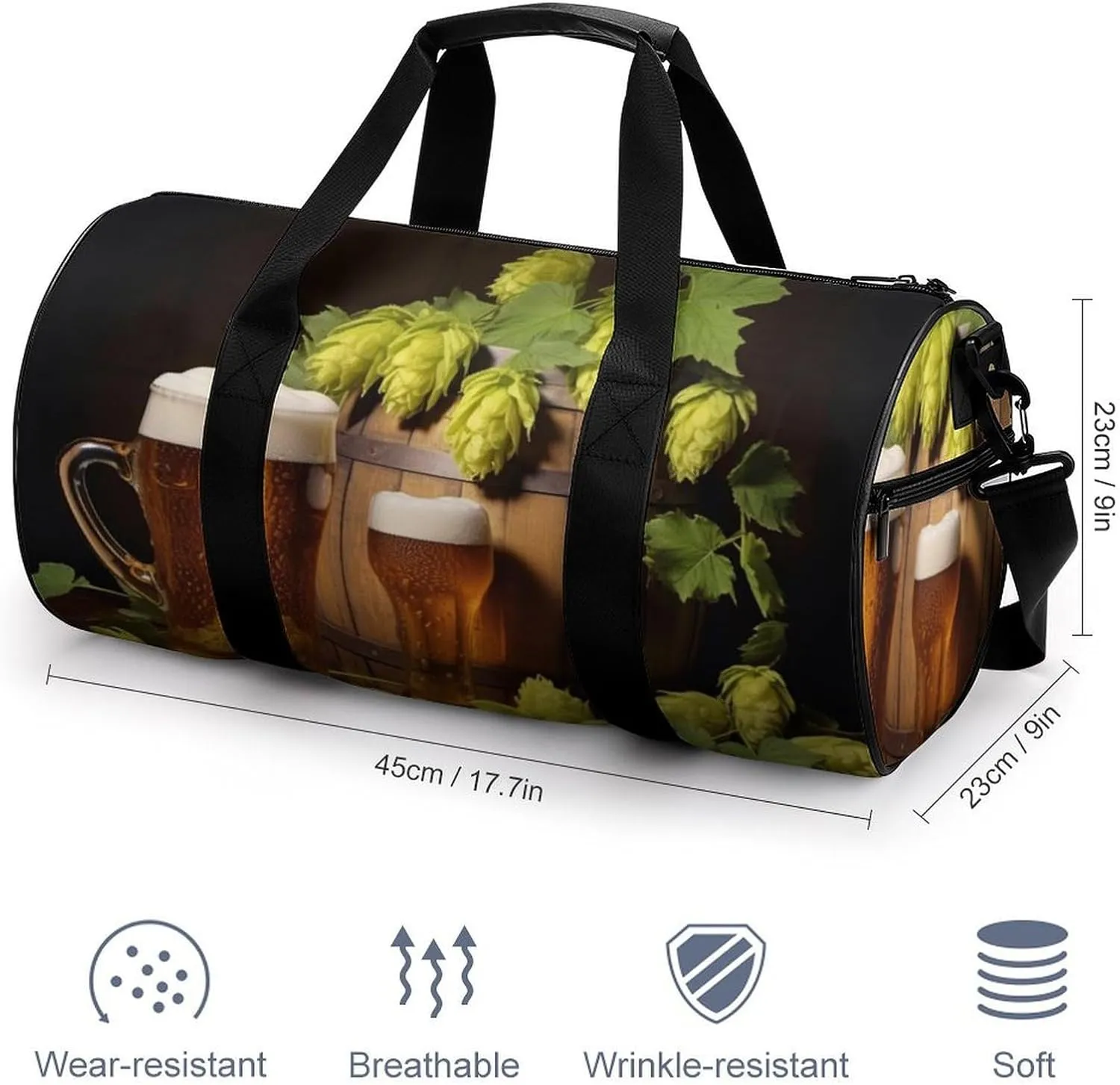 Gym Bag Beer And Hop Cones Duffel Bag for Men Women Overnight Bag with Shoe Compartment Workout Bags