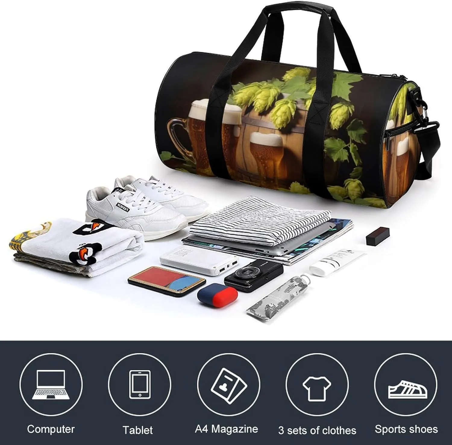 Gym Bag Beer And Hop Cones Duffel Bag for Men Women Overnight Bag with Shoe Compartment Workout Bags