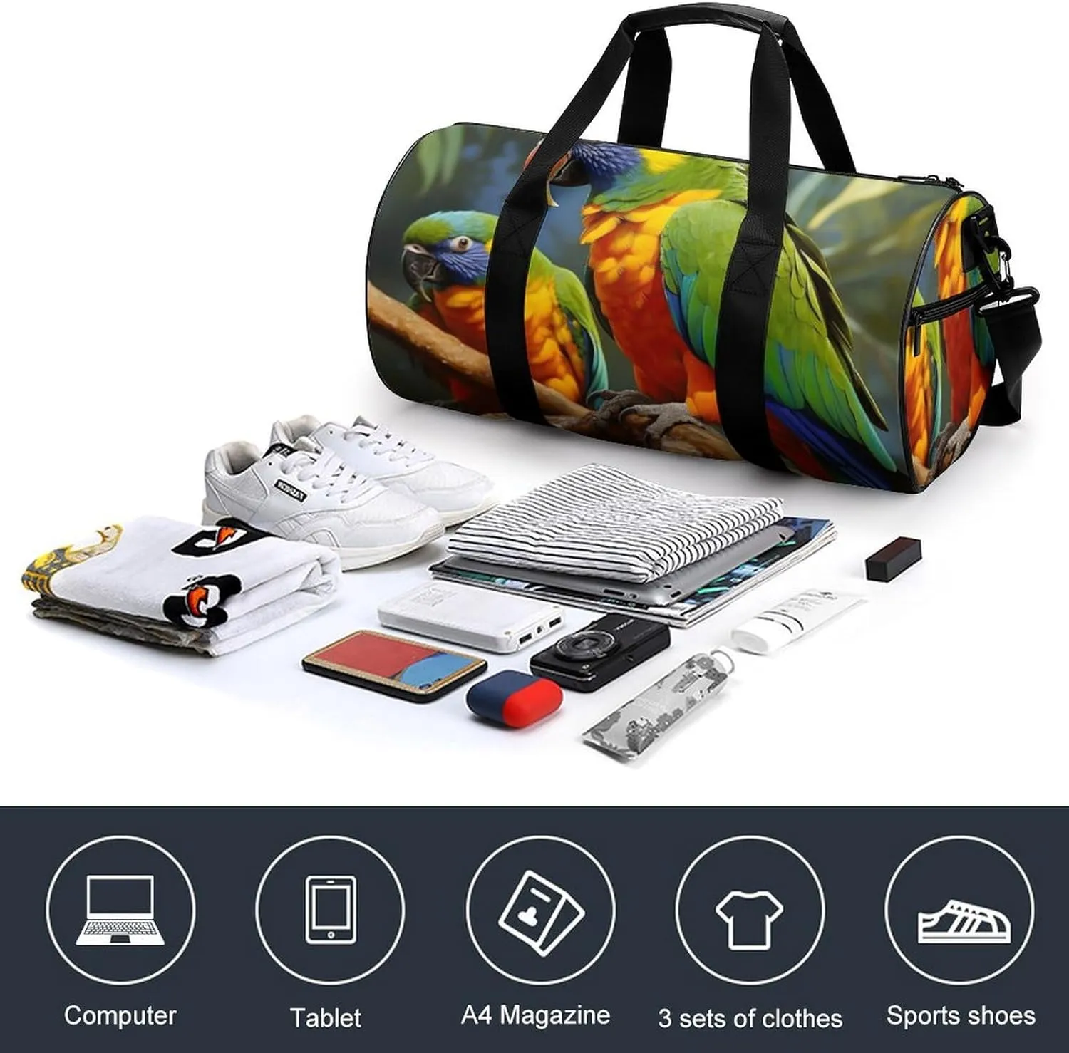 Gym Bag Bird Parrot Painting Duffel Bag for Men Women Overnight Bag with Shoe Compartment Workout Bags
