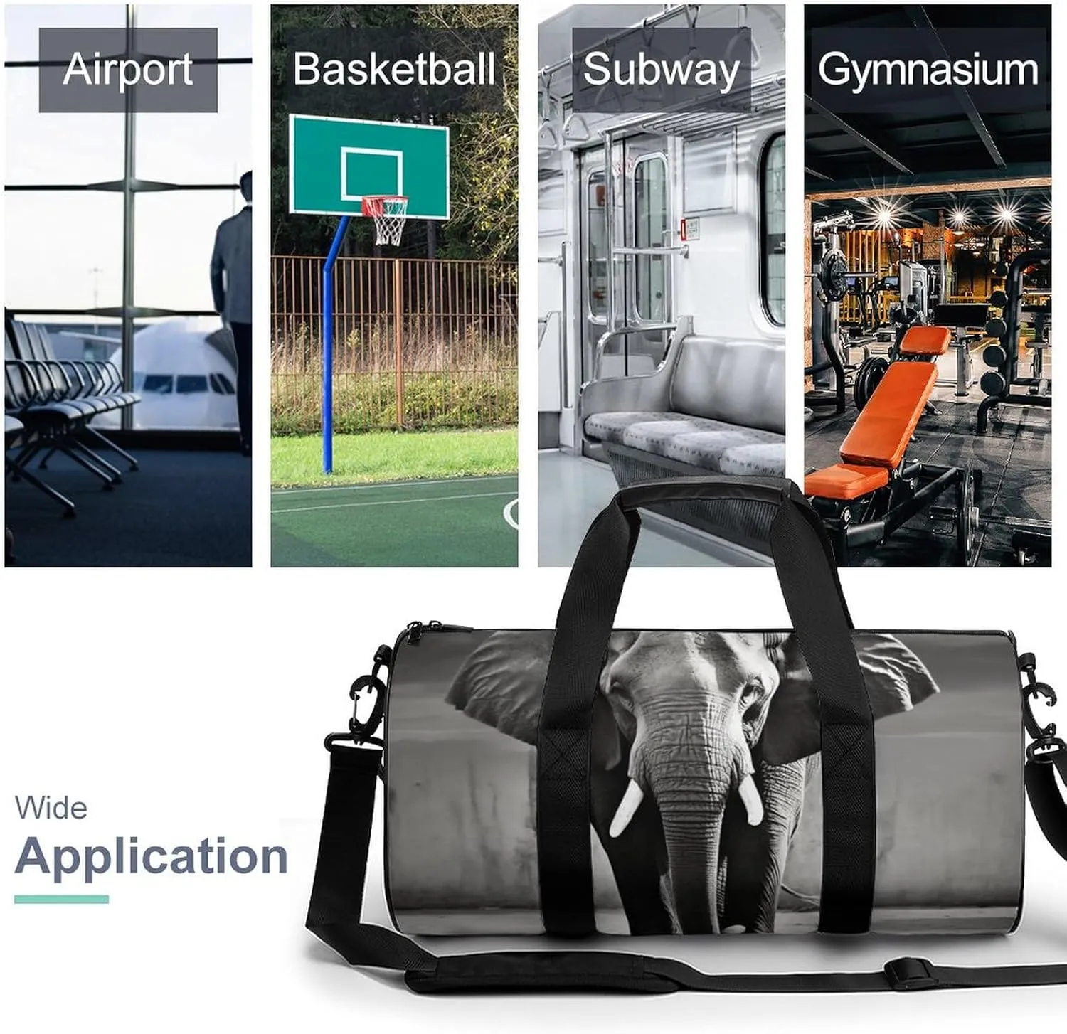 Gym Bag Black And White Elephant Duffel Bag for Men Women Overnight Bag with Shoe Compartment Workout Bags