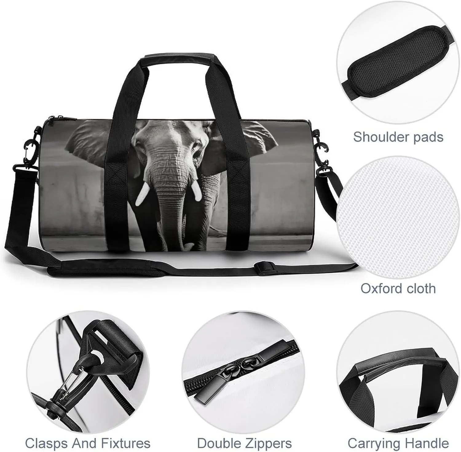 Gym Bag Black And White Elephant Duffel Bag for Men Women Overnight Bag with Shoe Compartment Workout Bags
