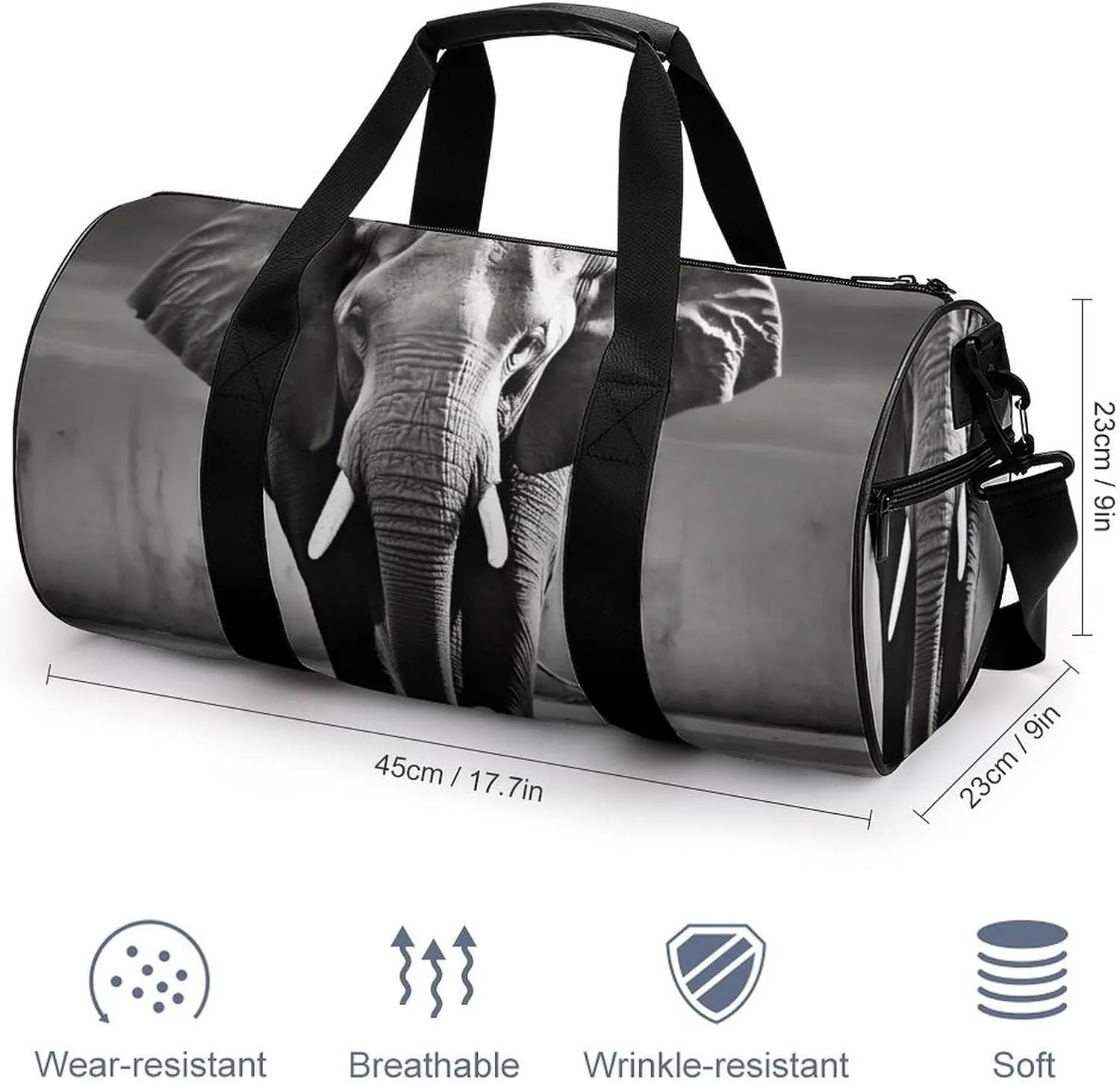 Gym Bag Black And White Elephant Duffel Bag for Men Women Overnight Bag with Shoe Compartment Workout Bags