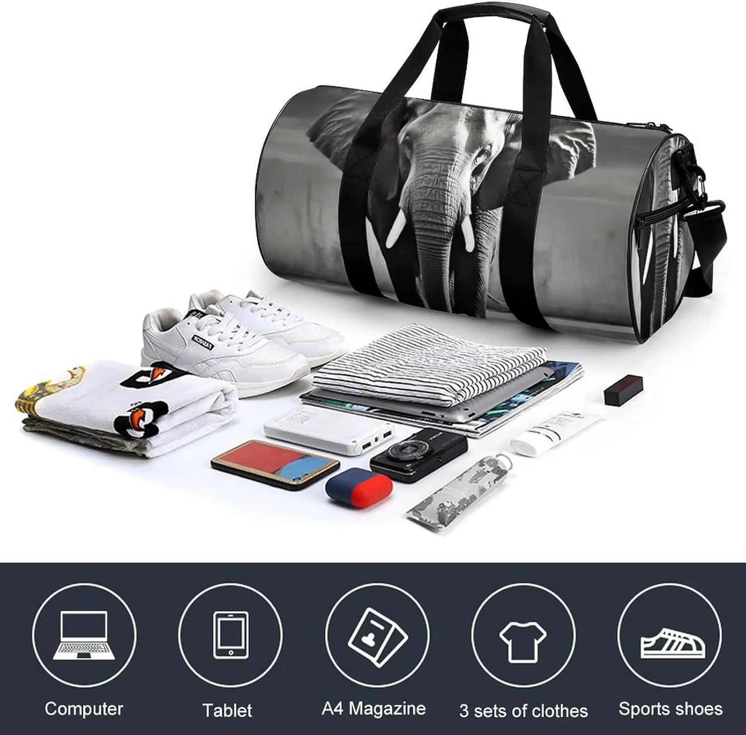 Gym Bag Black And White Elephant Duffel Bag for Men Women Overnight Bag with Shoe Compartment Workout Bags