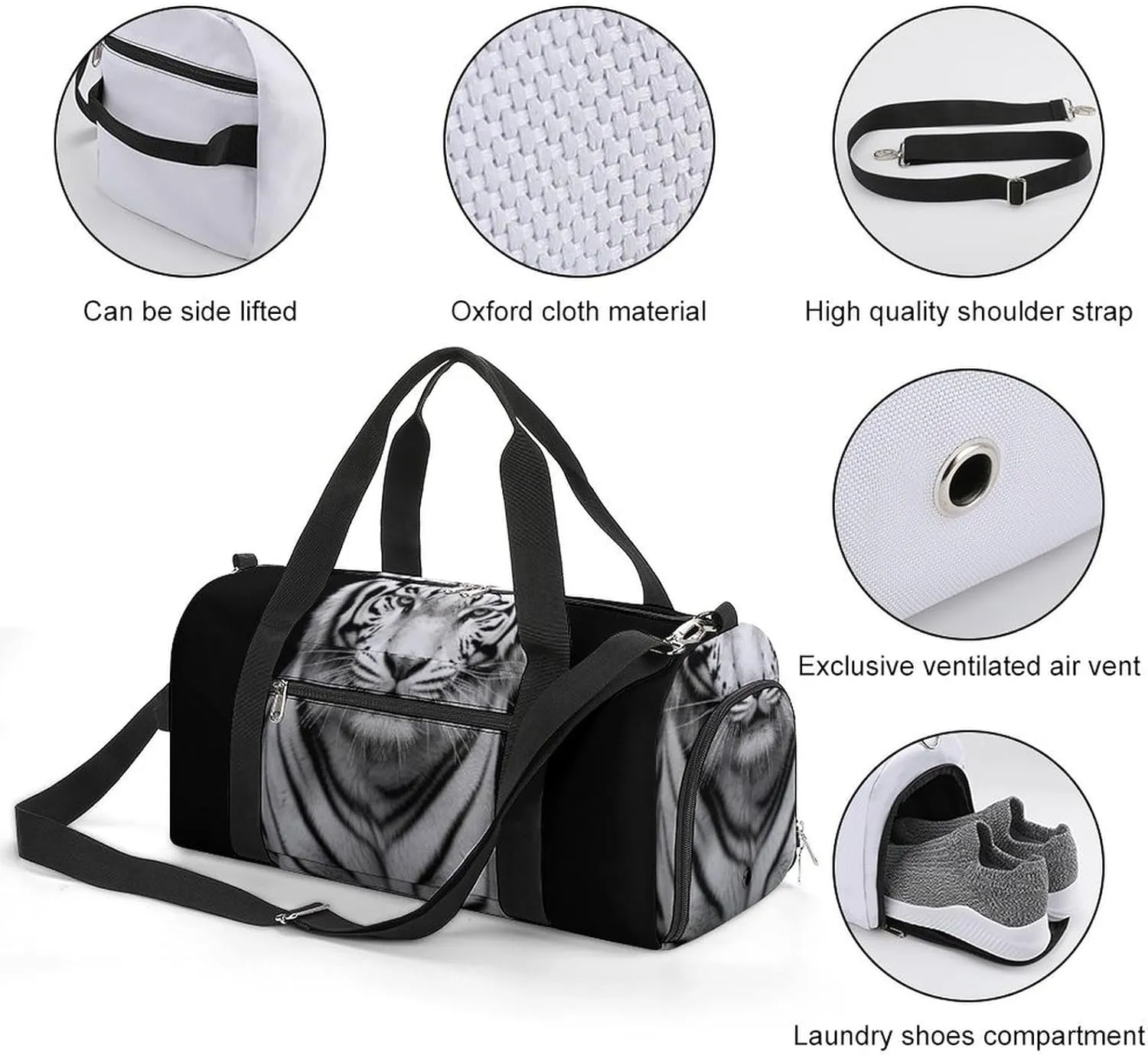 Gym Bag Black And White Tiger Duffel Bag for Men Women Overnight Bag with Shoe Compartment Workout Bags