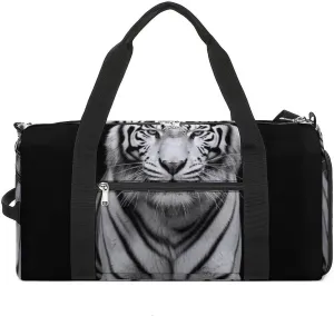Gym Bag Black And White Tiger Duffel Bag for Men Women Overnight Bag with Shoe Compartment Workout Bags