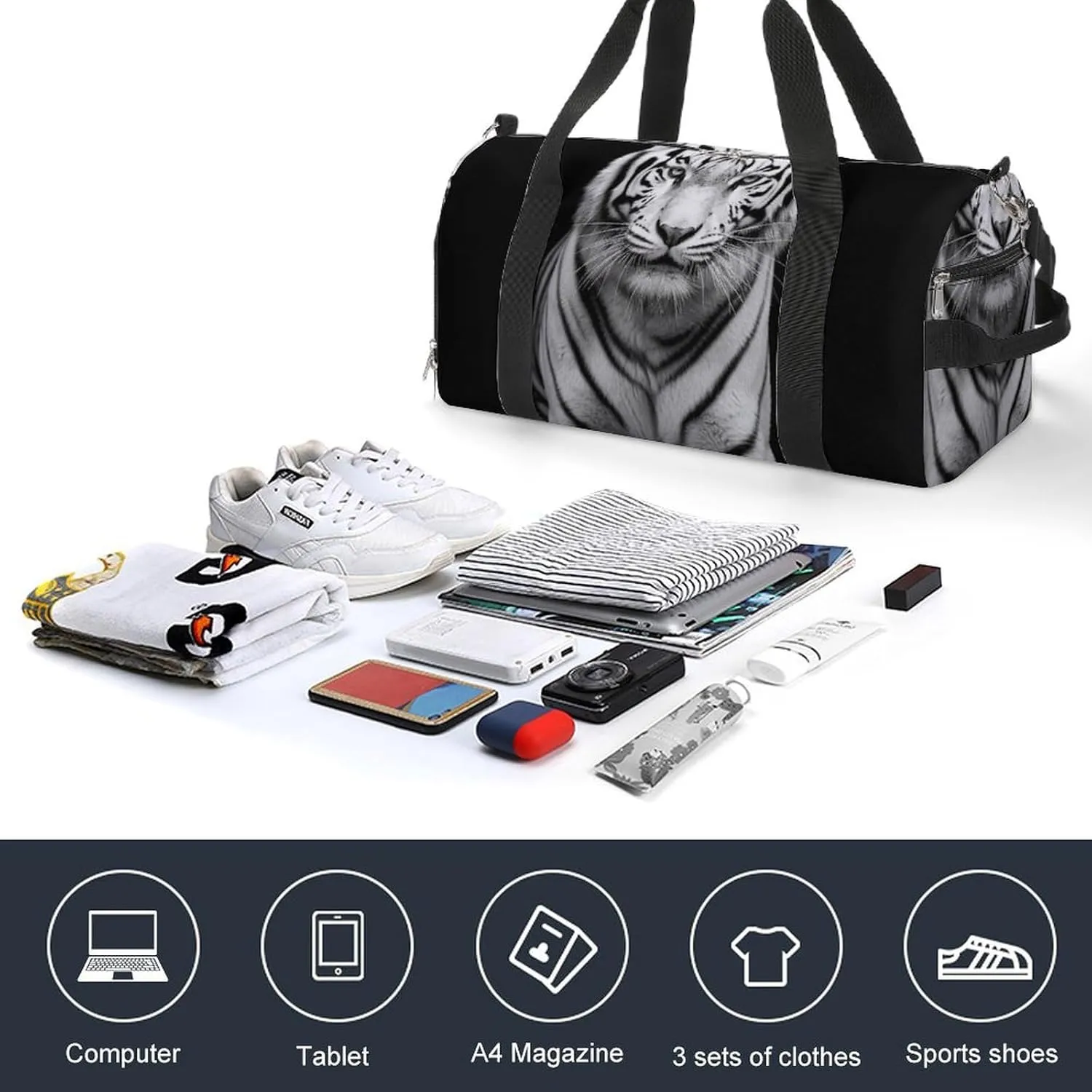 Gym Bag Black And White Tiger Duffel Bag for Men Women Overnight Bag with Shoe Compartment Workout Bags