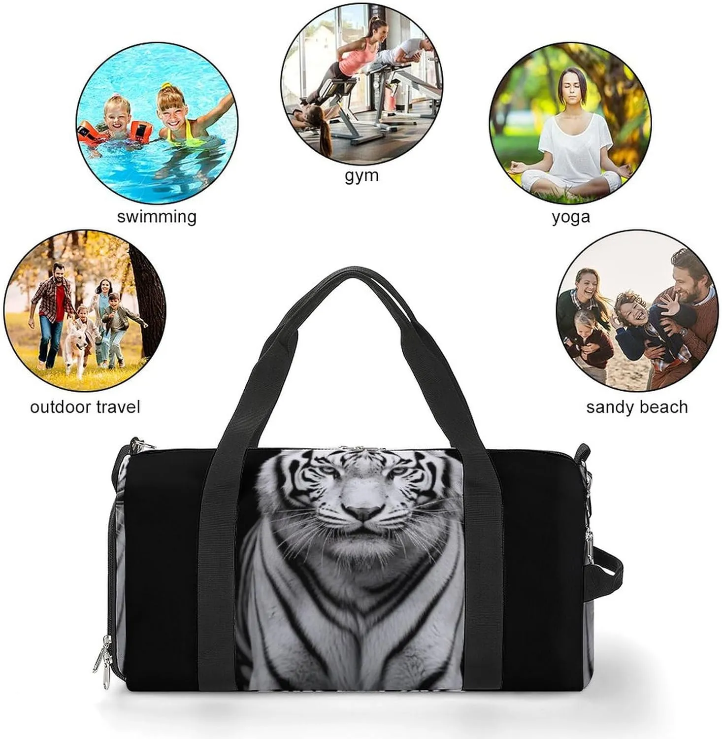 Gym Bag Black And White Tiger Duffel Bag for Men Women Overnight Bag with Shoe Compartment Workout Bags