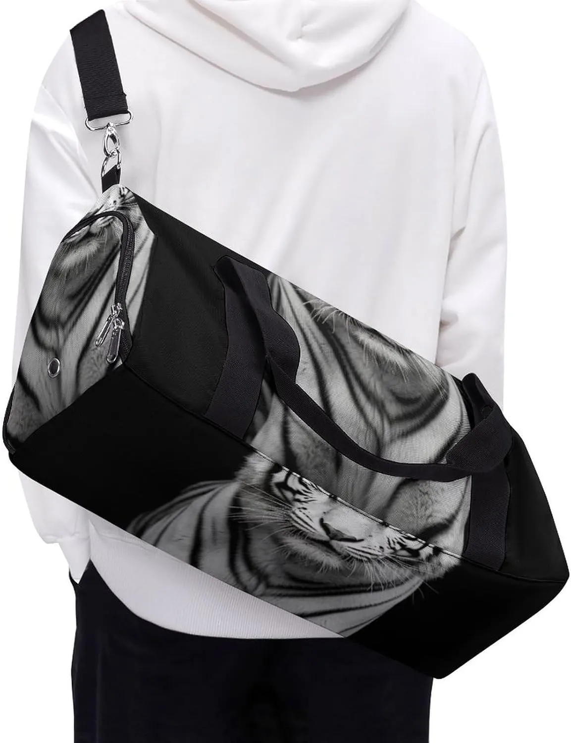 Gym Bag Black And White Tiger Duffel Bag for Men Women Overnight Bag with Shoe Compartment Workout Bags
