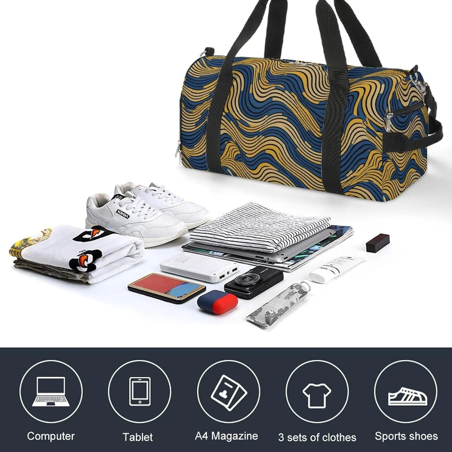 Gym Bag Blue And Yellow Pattern Duffel Bag for Men Women Overnight Bag with Shoe Compartment Workout Bags