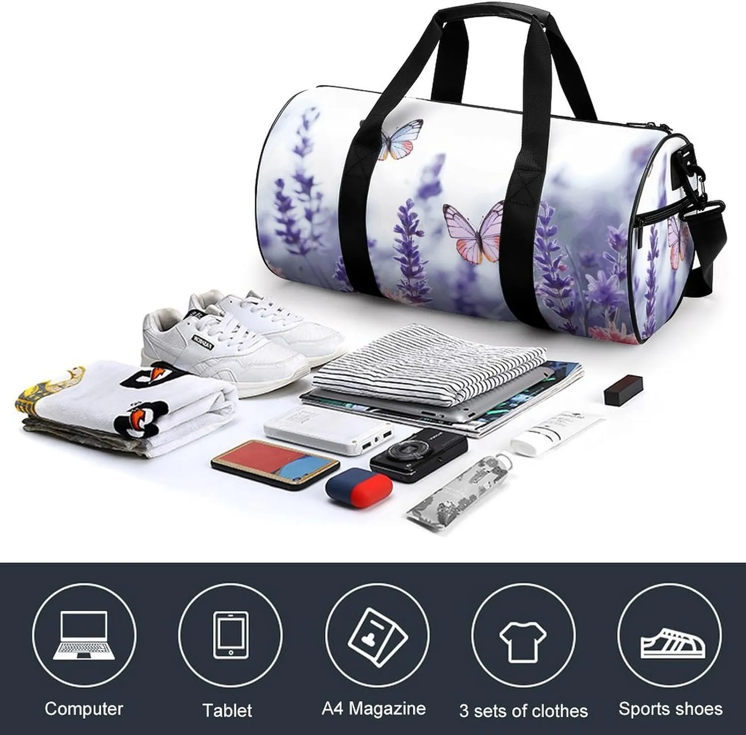 Gym Bag Butterflies And Flowers Duffel Bag for Men Women Overnight Bag with Shoe Compartment Workout Bags