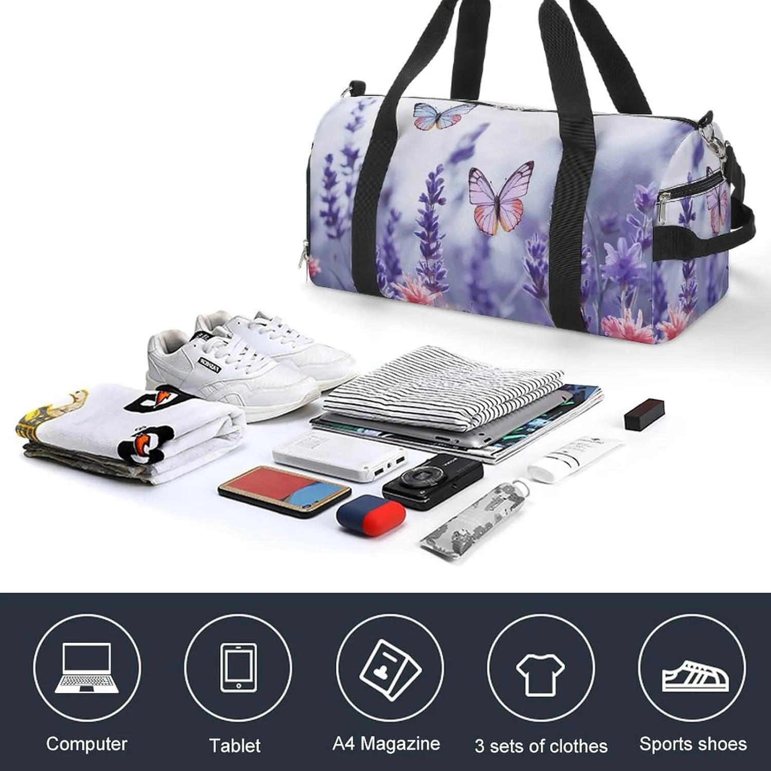 Gym Bag Butterflies And Flowers Duffel Bag for Men Women Overnight Bag with Shoe Compartment Workout Bags