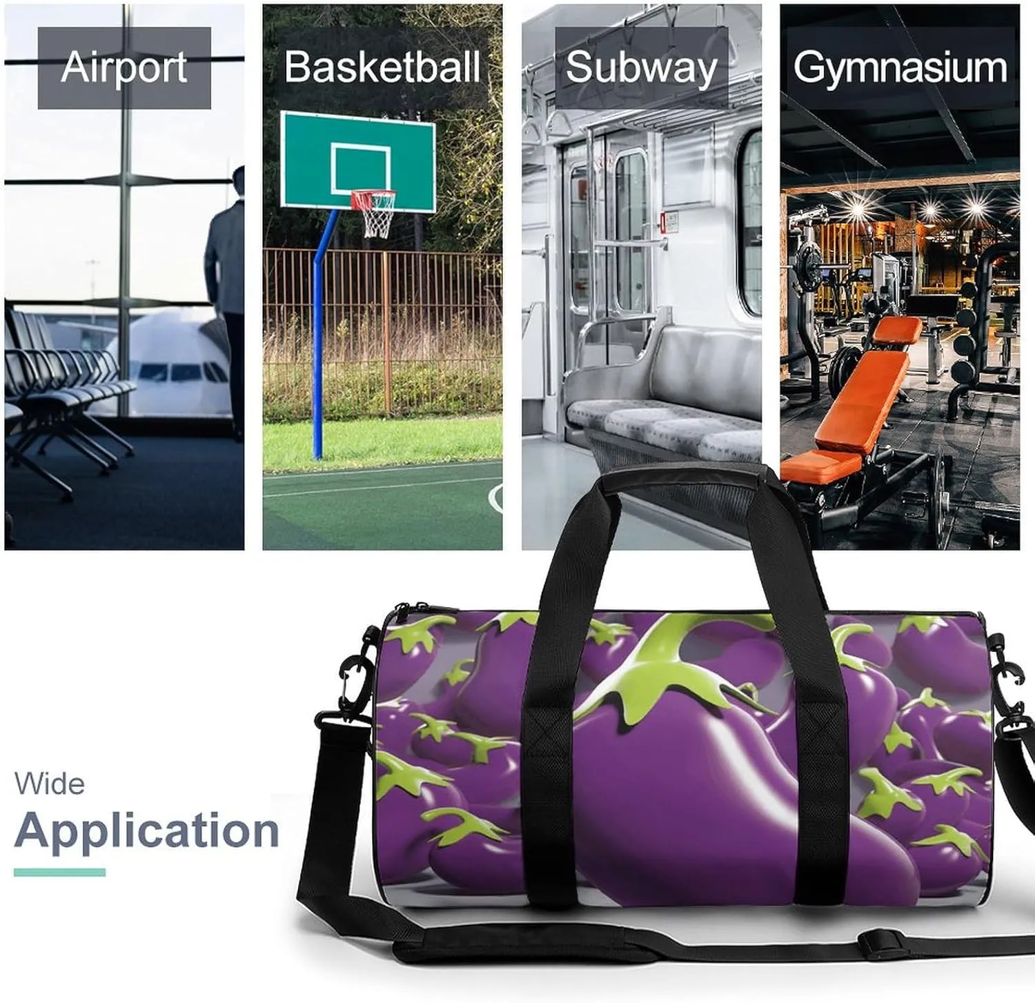 Gym Bag Cartoon Eggplant Duffel Bag for Men Women Overnight Bag with Shoe Compartment Workout Bags