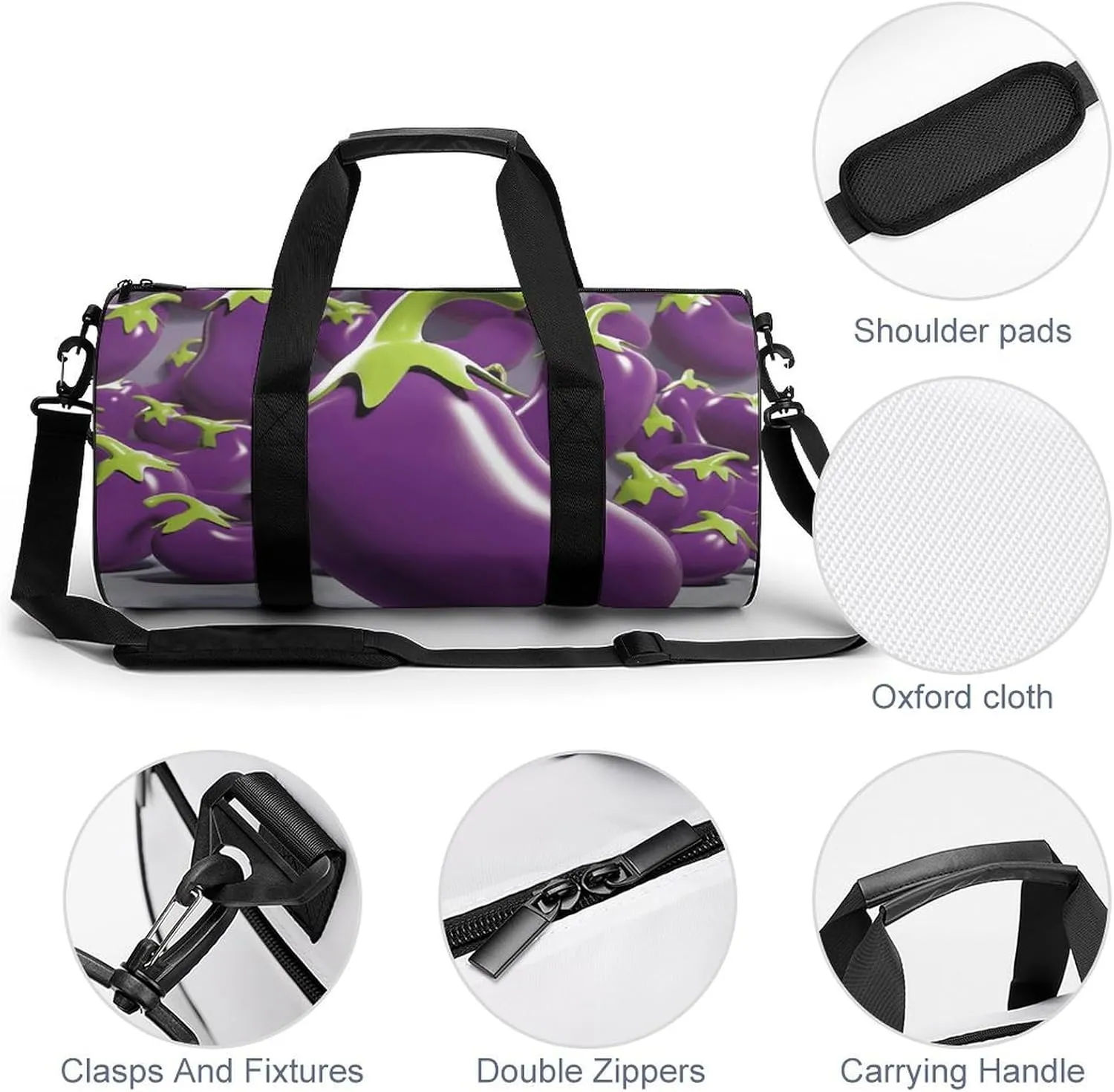Gym Bag Cartoon Eggplant Duffel Bag for Men Women Overnight Bag with Shoe Compartment Workout Bags