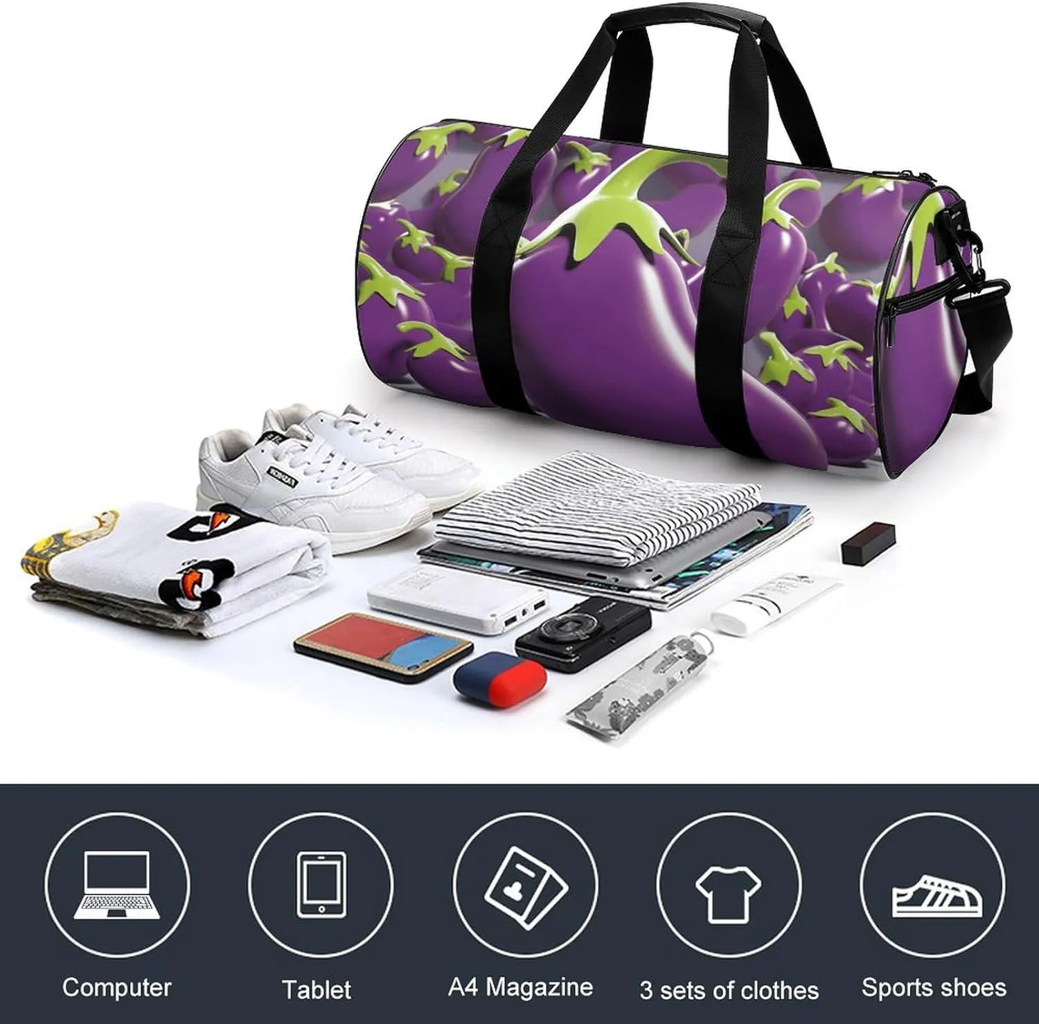 Gym Bag Cartoon Eggplant Duffel Bag for Men Women Overnight Bag with Shoe Compartment Workout Bags