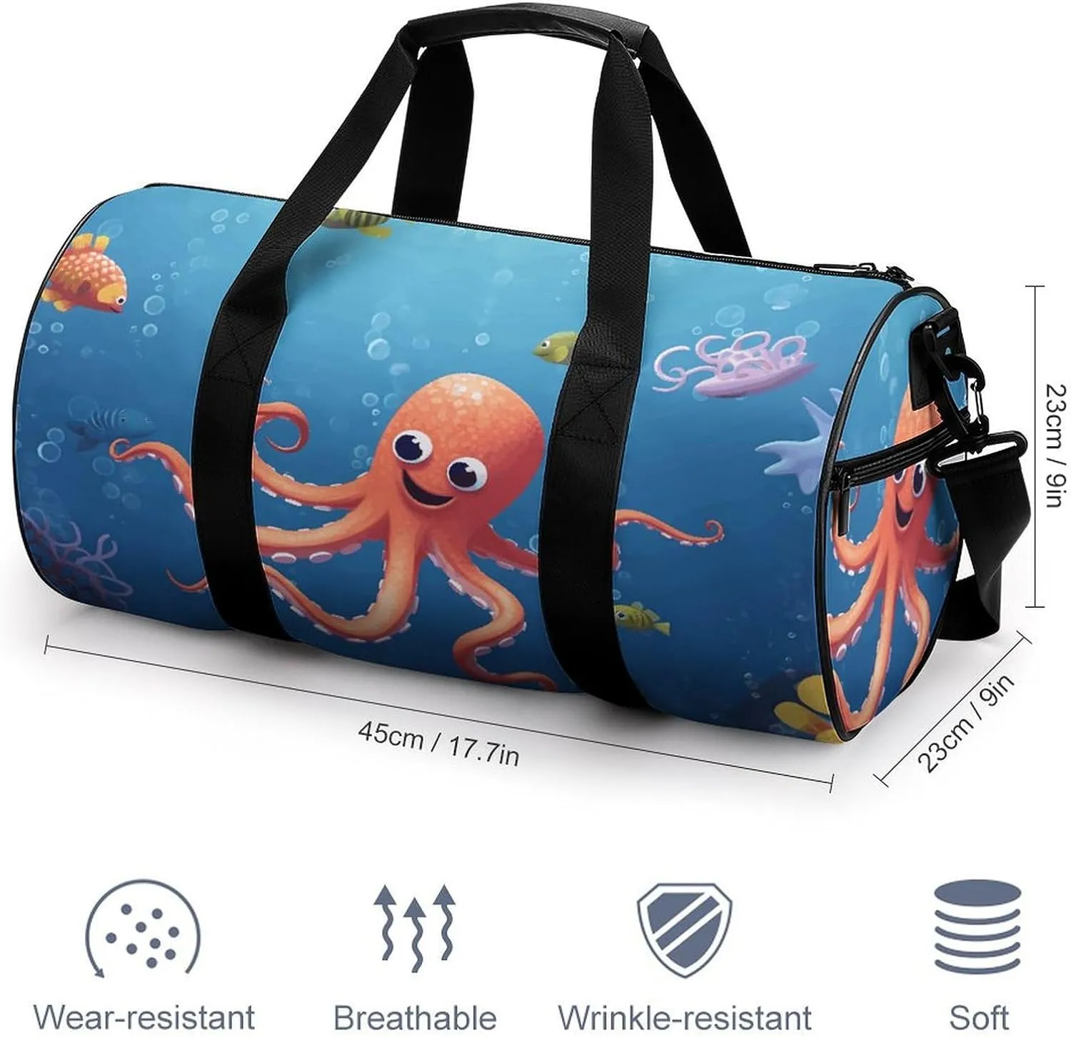 Gym Bag Cartoon Octopus Fish Duffel Bag for Men Women Overnight Bag with Shoe Compartment Workout Bags
