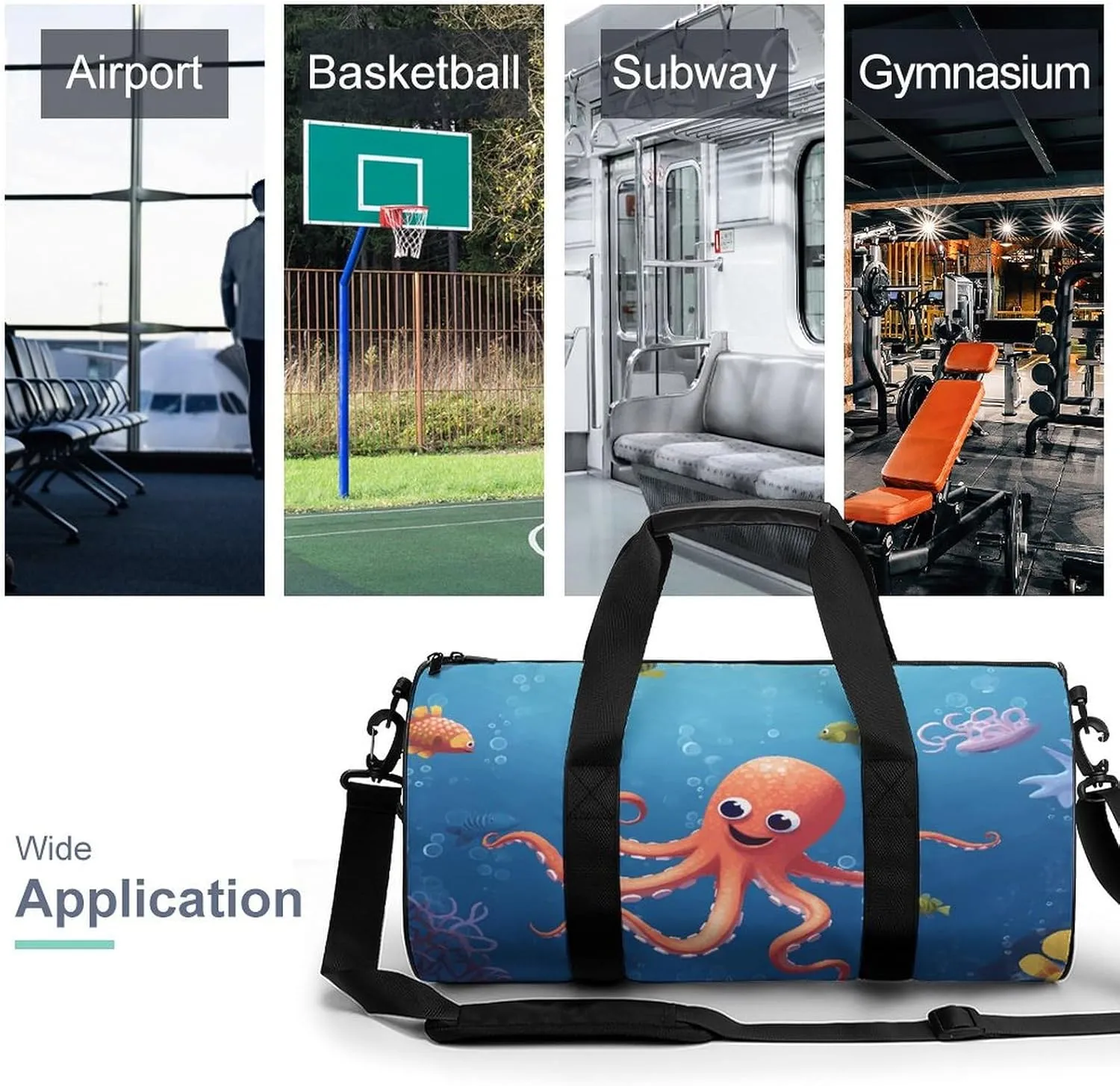 Gym Bag Cartoon Octopus Fish Duffel Bag for Men Women Overnight Bag with Shoe Compartment Workout Bags