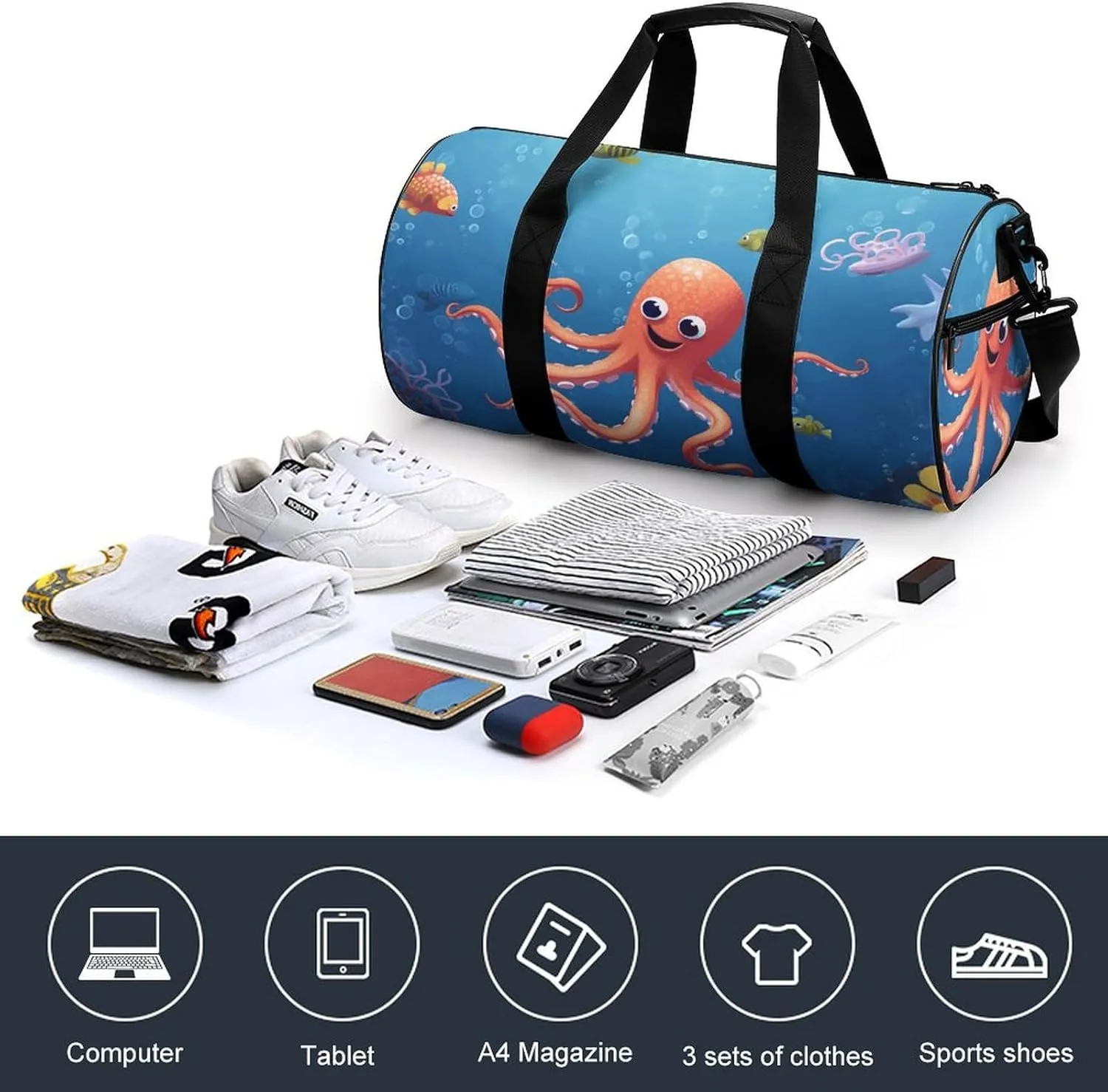 Gym Bag Cartoon Octopus Fish Duffel Bag for Men Women Overnight Bag with Shoe Compartment Workout Bags