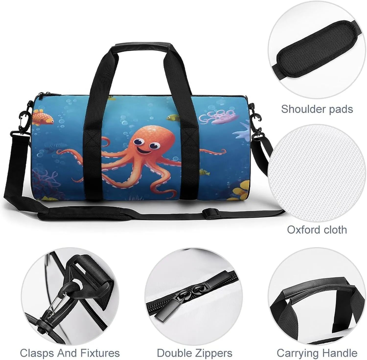 Gym Bag Cartoon Octopus Fish Duffel Bag for Men Women Overnight Bag with Shoe Compartment Workout Bags