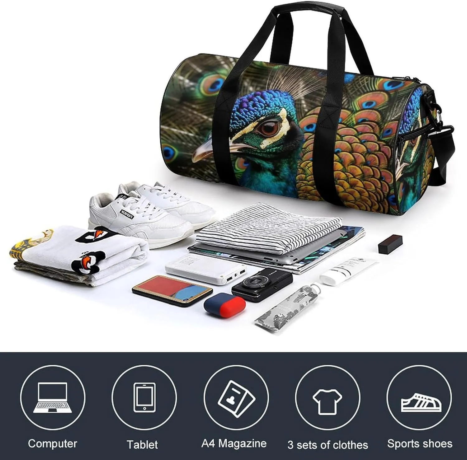 Gym Bag Colored Peacock Duffel Bag for Men Women Overnight Bag with Shoe Compartment Workout Bags