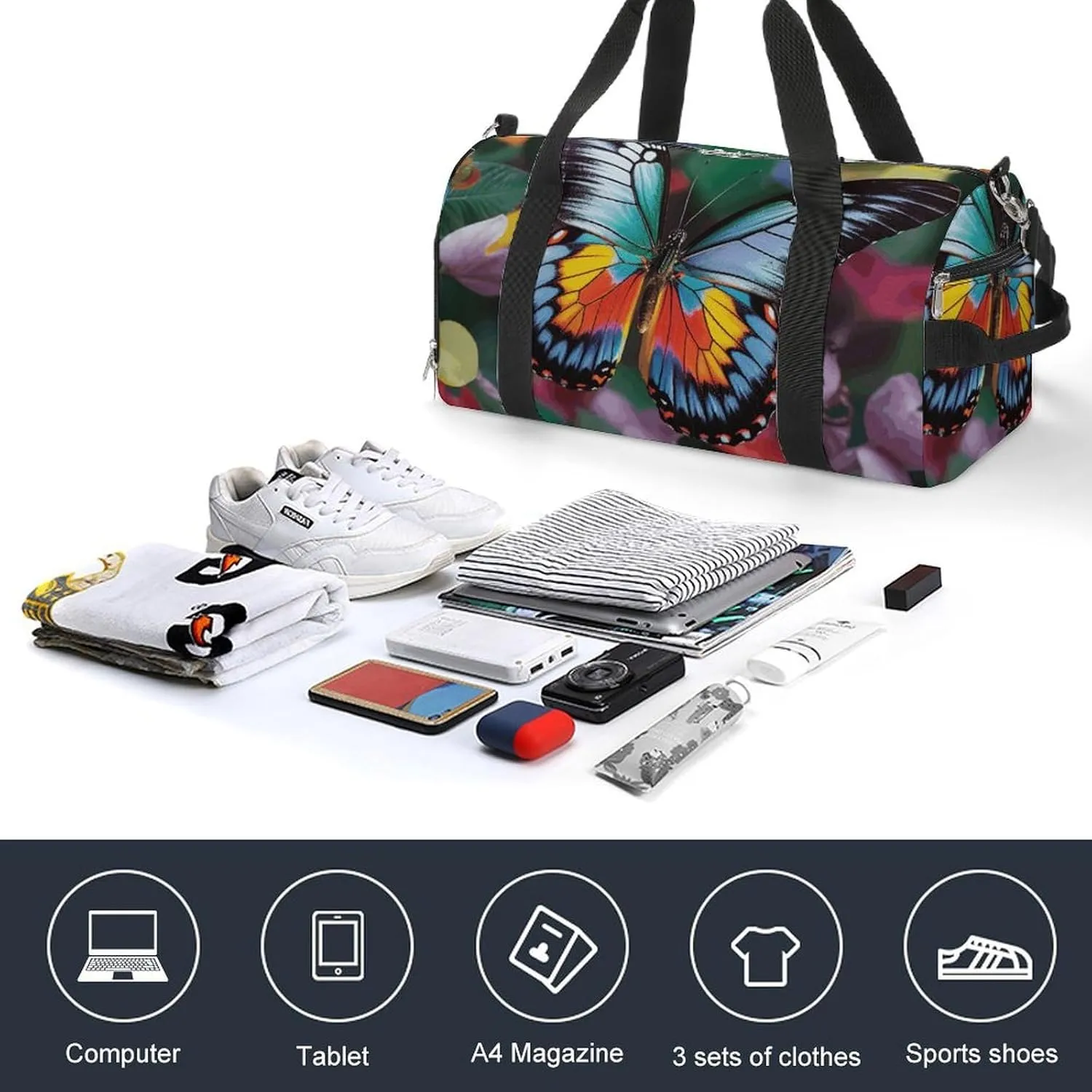 Gym Bag Colorful Butterfly Duffel Bag for Men Women Overnight Bag with Shoe Compartment Workout Bags
