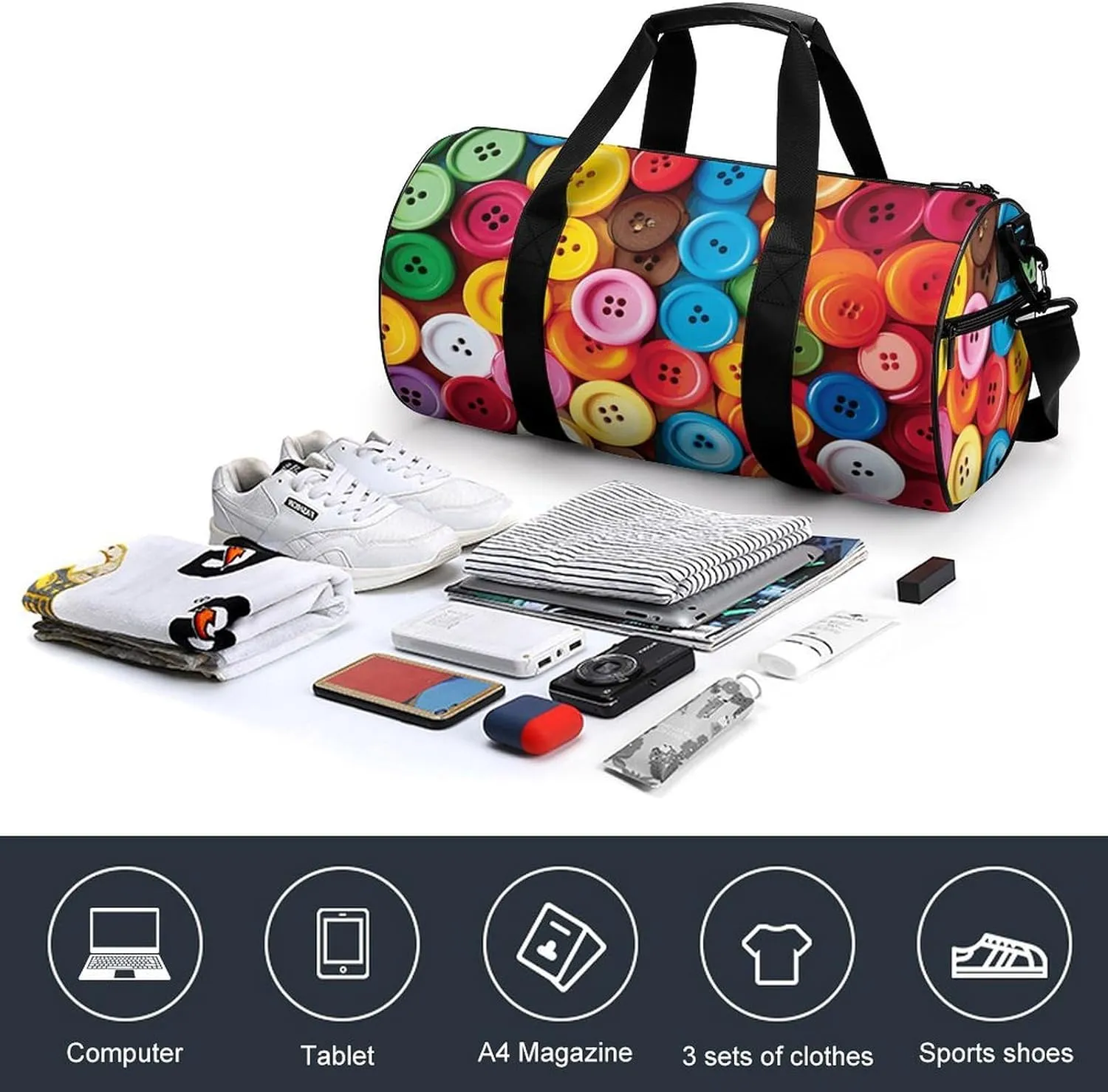 Gym Bag Colorful Buttons Duffel Bag for Men Women Overnight Bag with Shoe Compartment Workout Bags