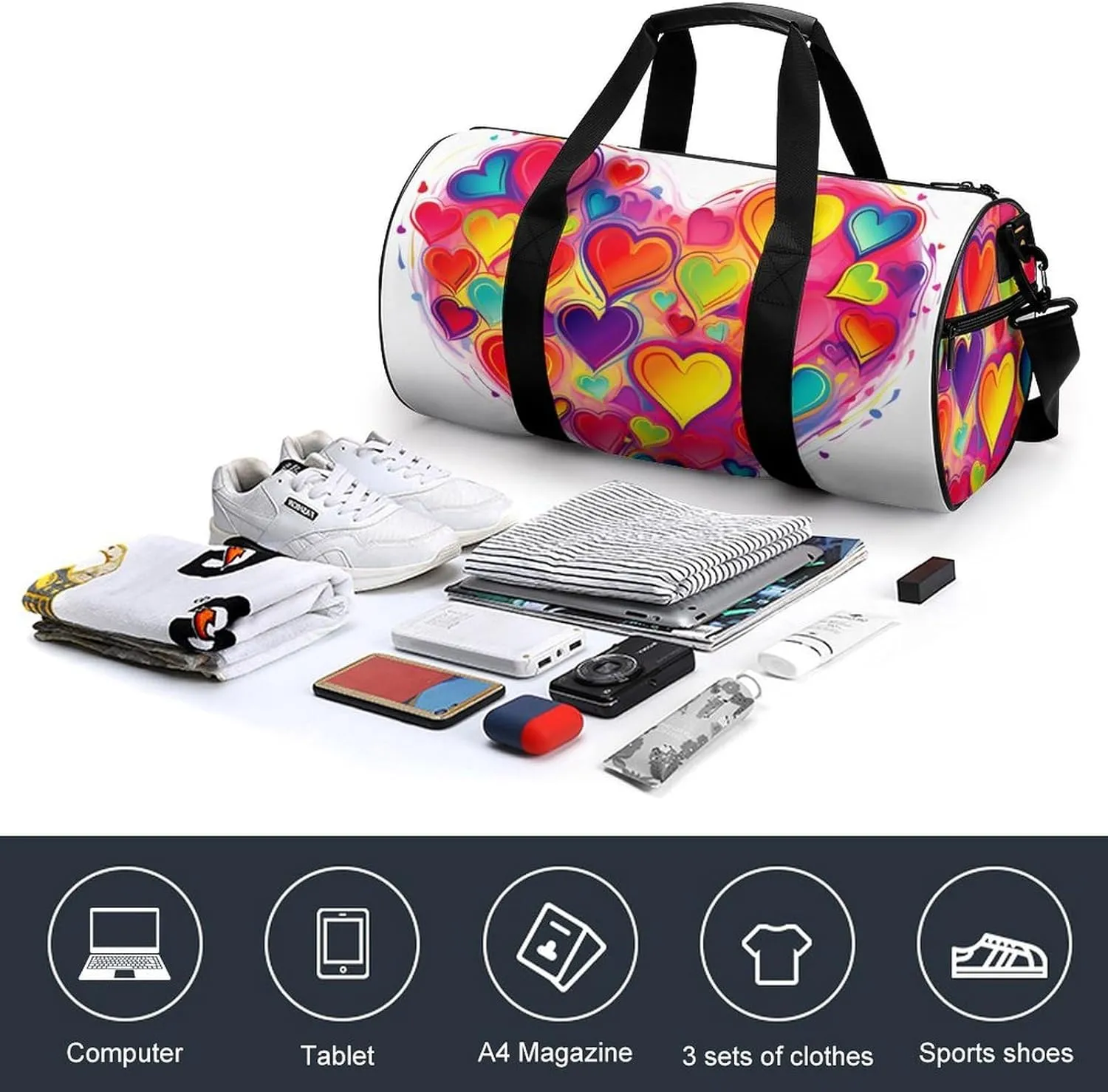 Gym Bag Colourful Heart Duffel Bag for Men Women Overnight Bag with Shoe Compartment Workout Bags