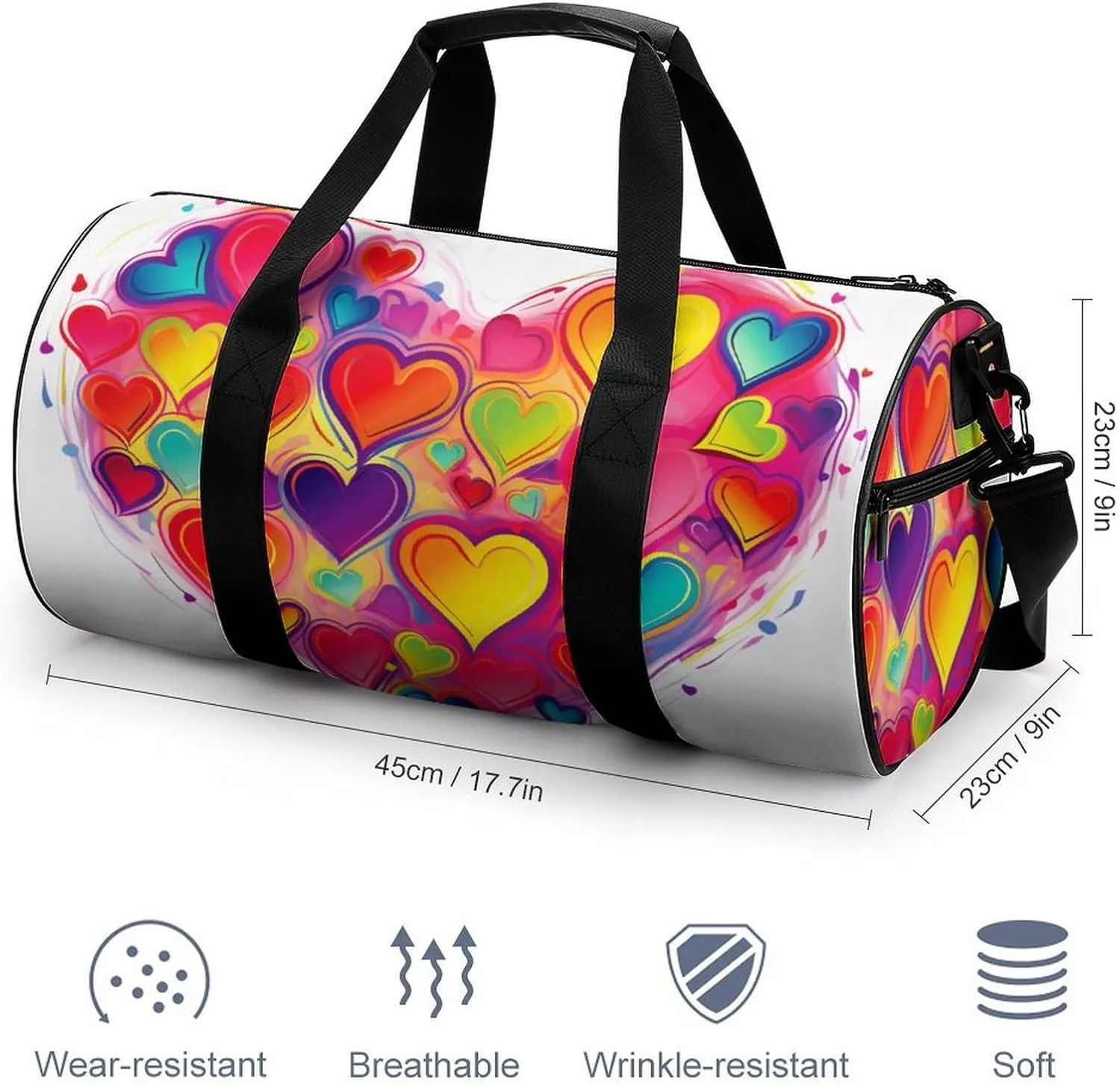 Gym Bag Colourful Heart Duffel Bag for Men Women Overnight Bag with Shoe Compartment Workout Bags