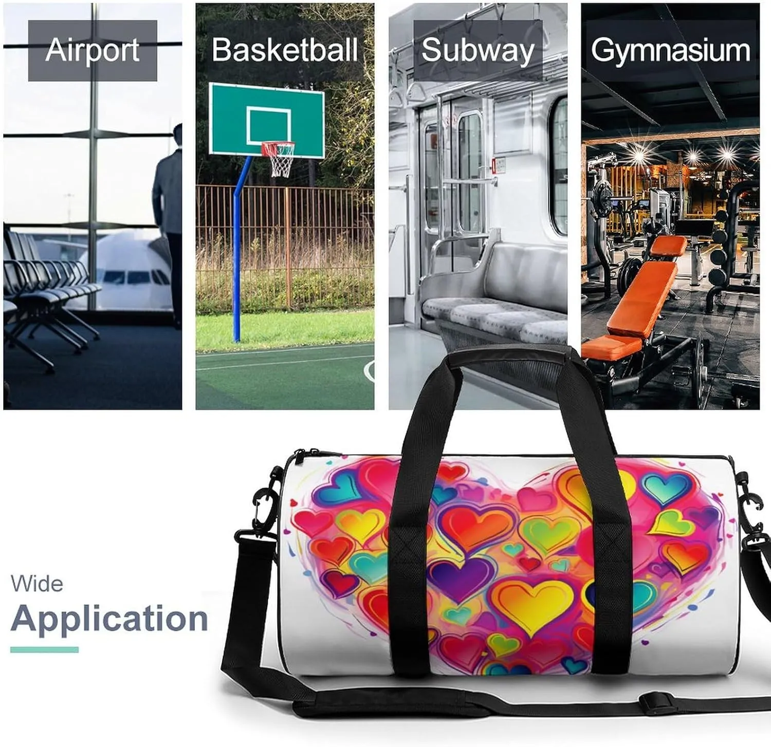Gym Bag Colourful Heart Duffel Bag for Men Women Overnight Bag with Shoe Compartment Workout Bags