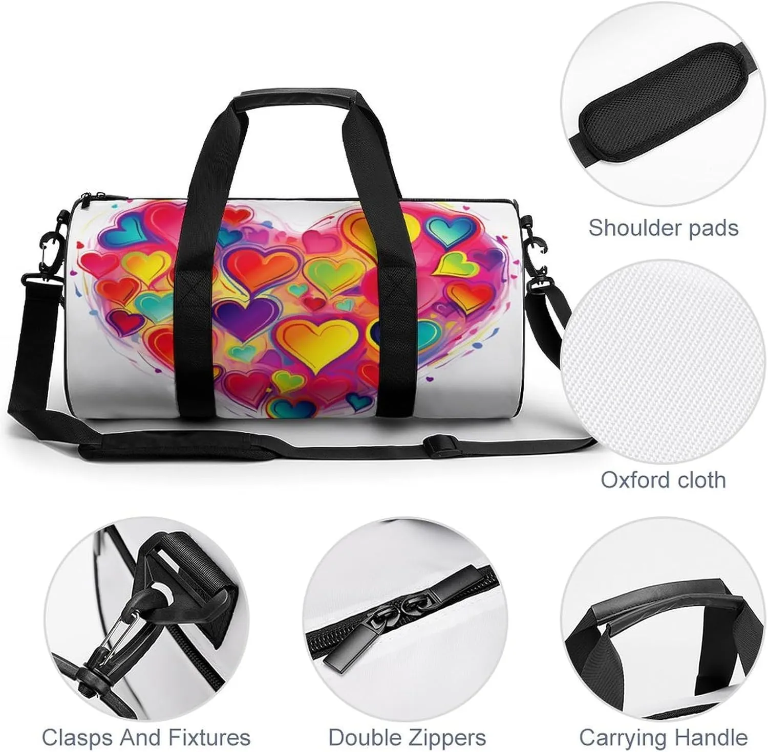 Gym Bag Colourful Heart Duffel Bag for Men Women Overnight Bag with Shoe Compartment Workout Bags