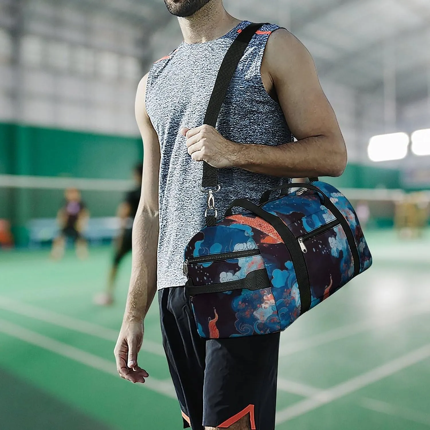 Gym Bag Dark Blue Landscape Duffel Bag for Men Women Overnight Bag with Shoe Compartment Workout Bags