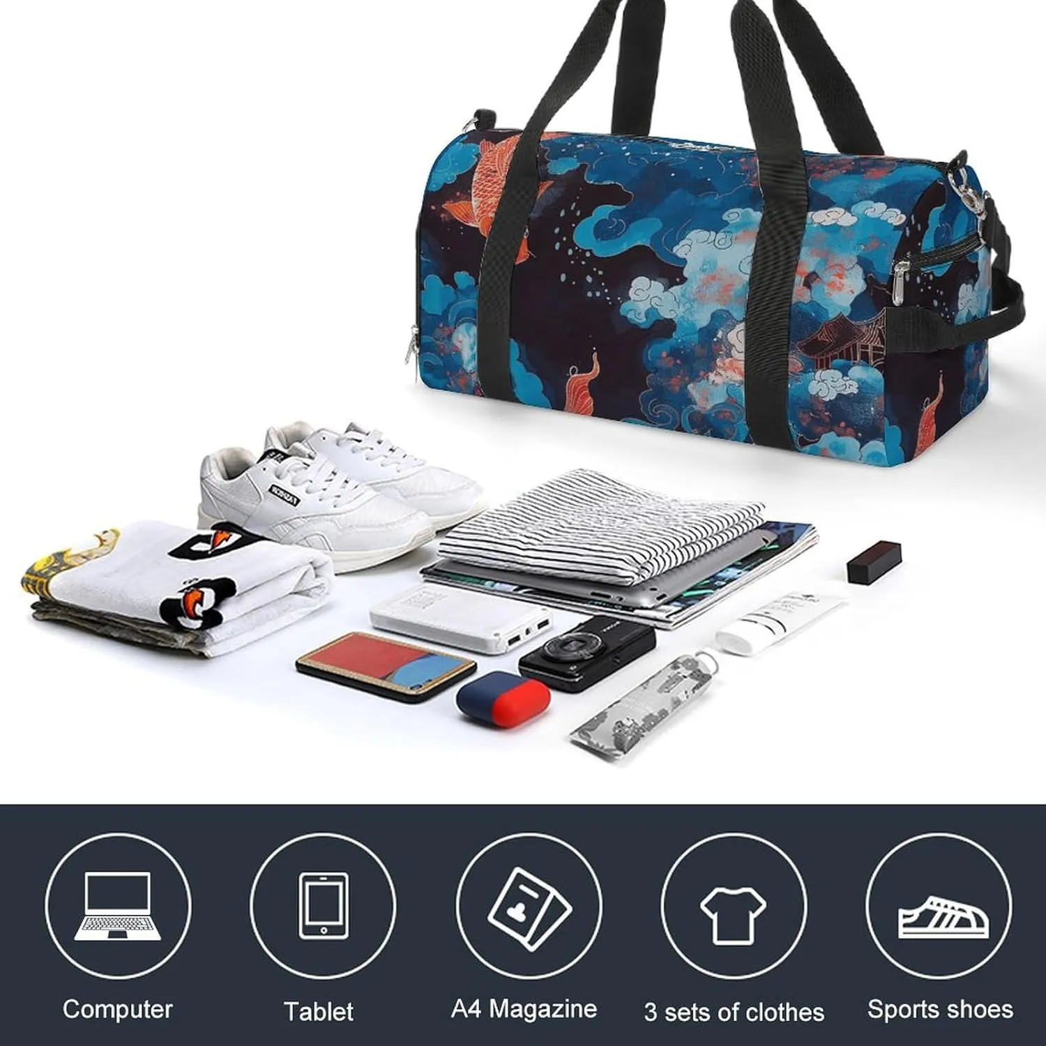 Gym Bag Dark Blue Landscape Duffel Bag for Men Women Overnight Bag with Shoe Compartment Workout Bags