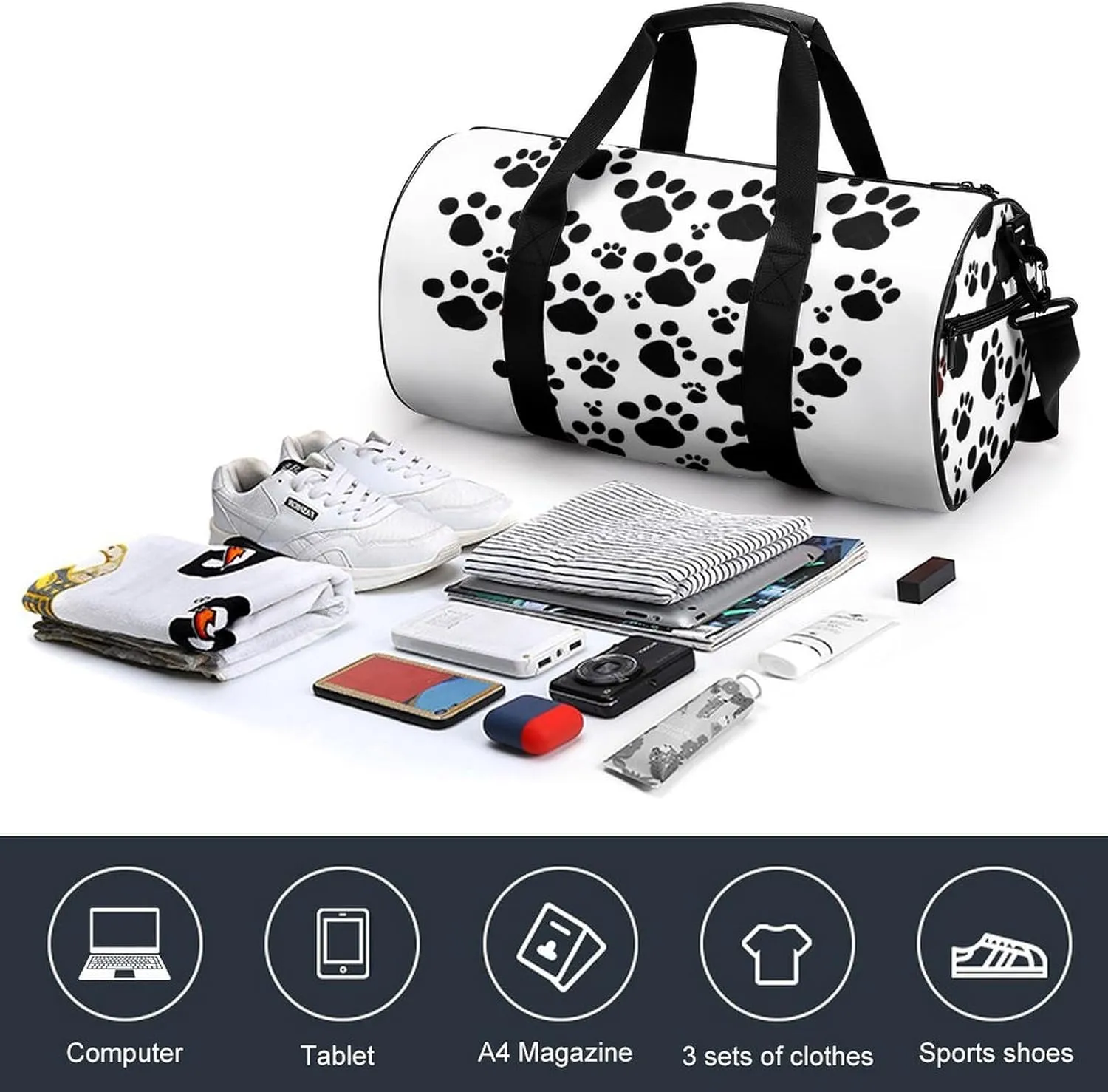 Gym Bag Dog Paw Print Love Heart Duffel Bag for Men Women Overnight Bag with Shoe Compartment Workout Bags