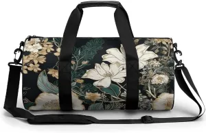Gym Bag Flowers on Black Background Duffel Bag for Men Women Overnight Bag with Shoe Compartment Workout Bags