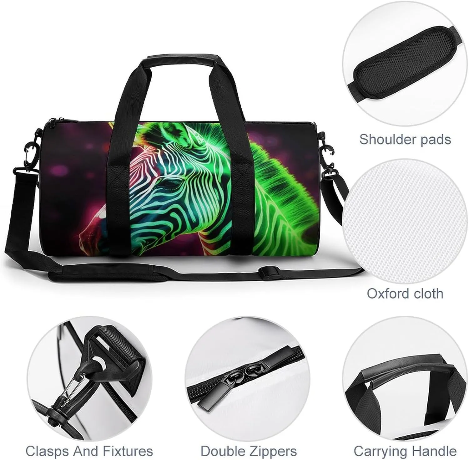 Gym Bag Glowing Zebra Duffel Bag for Men Women Overnight Bag with Shoe Compartment Workout Bags