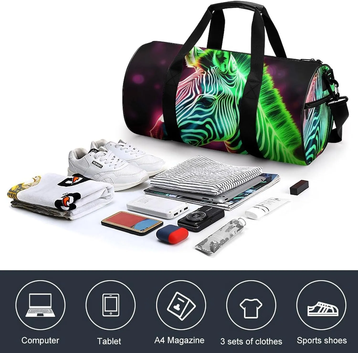 Gym Bag Glowing Zebra Duffel Bag for Men Women Overnight Bag with Shoe Compartment Workout Bags