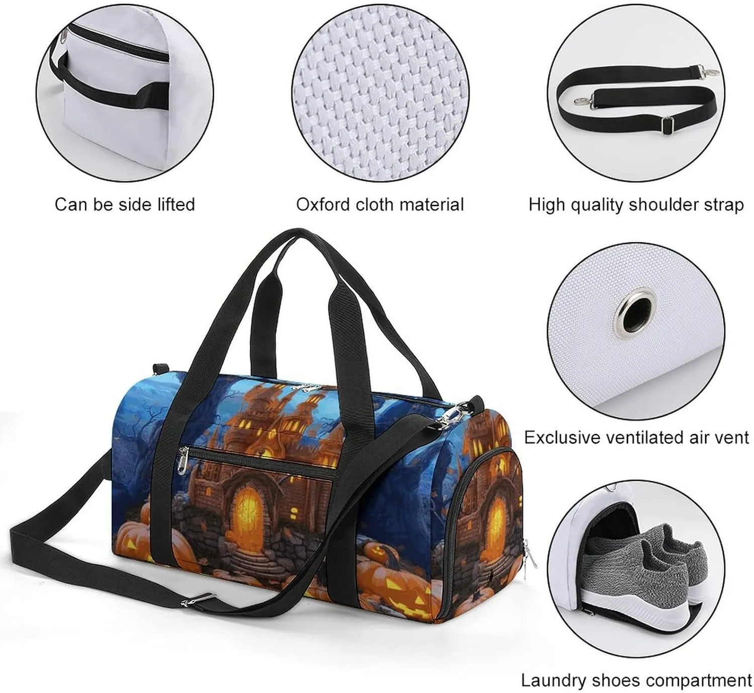 Gym Bag Halloween Castle Pumpkin Duffel Bag for Men Women Overnight Bag with Shoe Compartment Workout Bags