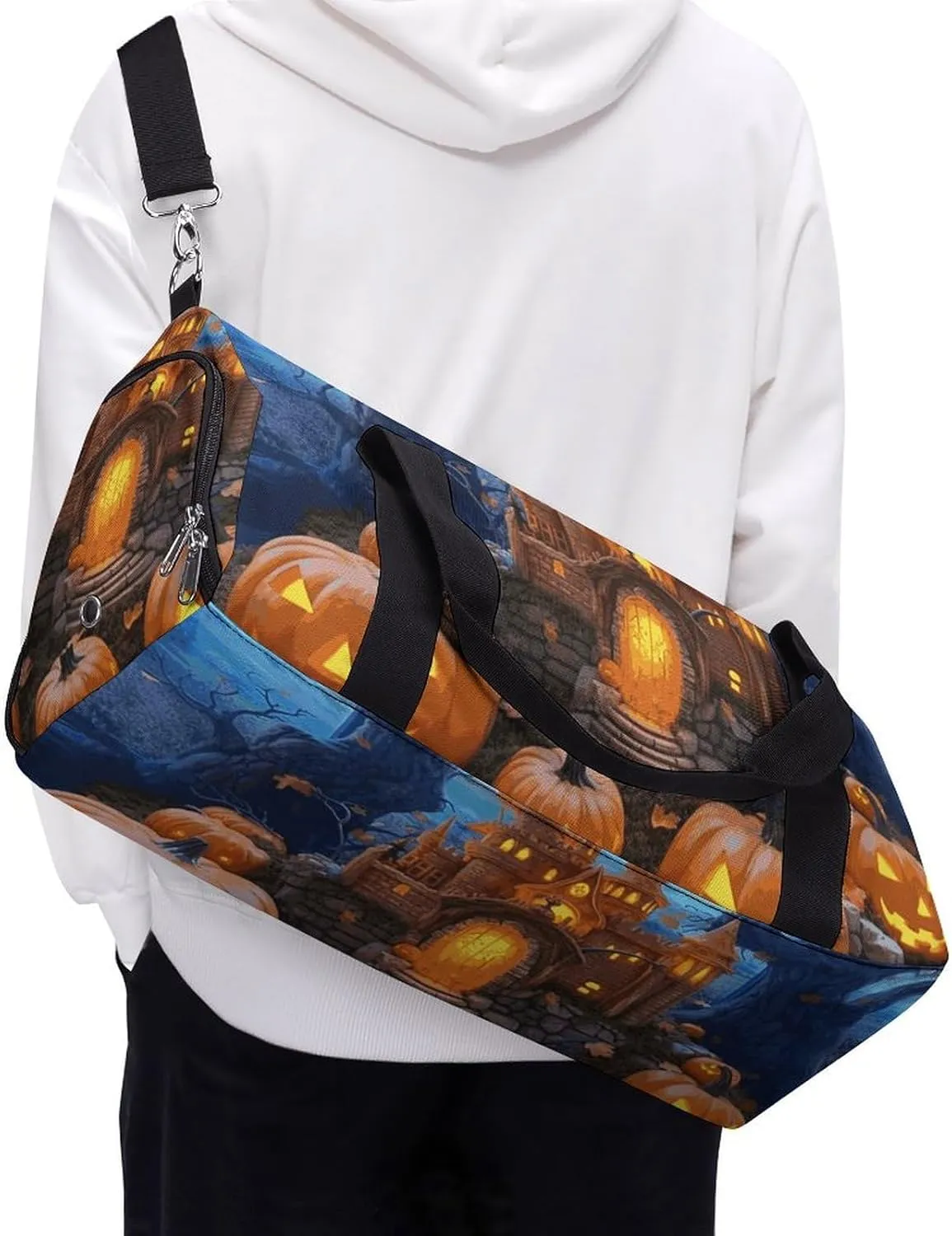 Gym Bag Halloween Castle Pumpkin Duffel Bag for Men Women Overnight Bag with Shoe Compartment Workout Bags