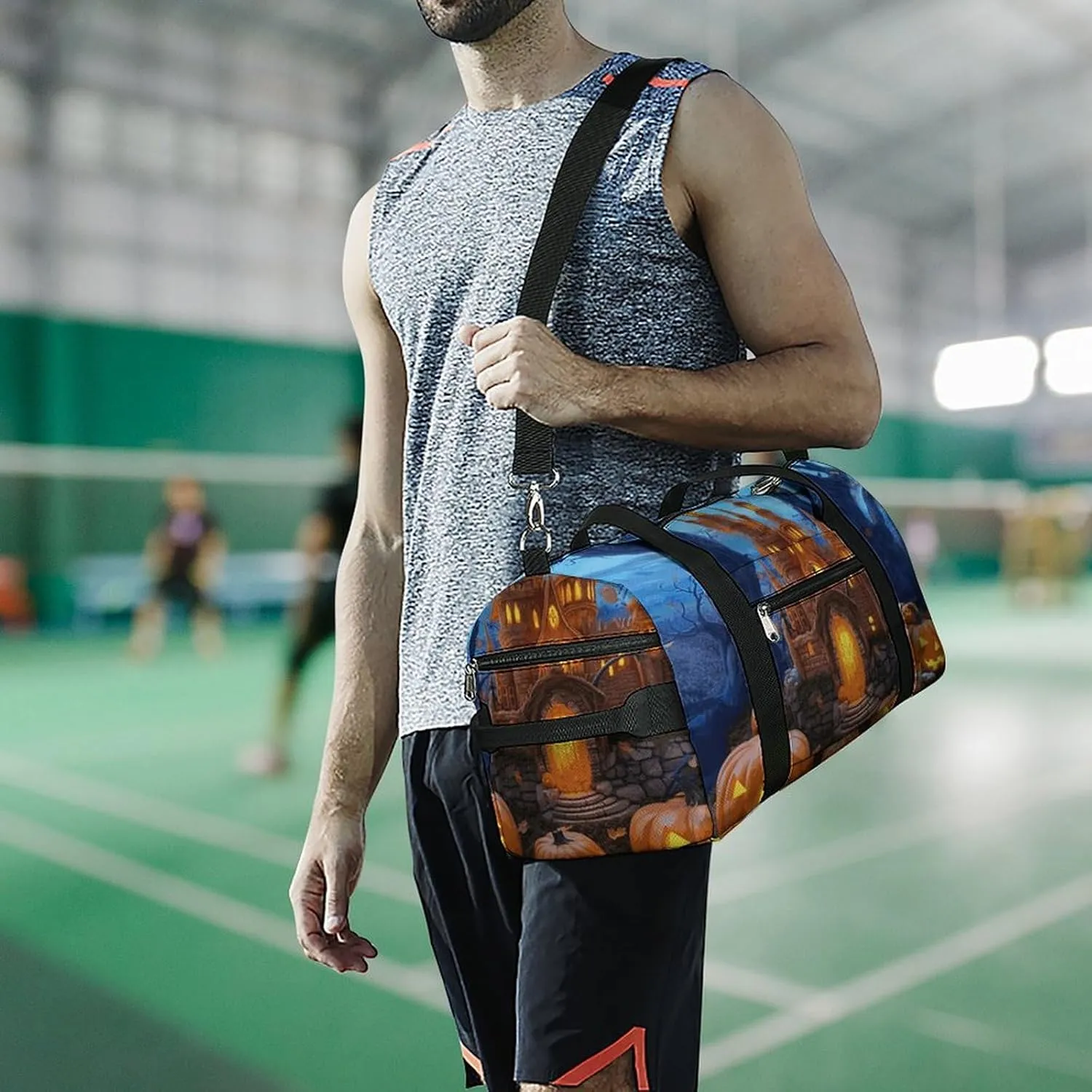 Gym Bag Halloween Castle Pumpkin Duffel Bag for Men Women Overnight Bag with Shoe Compartment Workout Bags