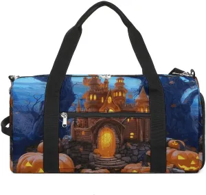 Gym Bag Halloween Castle Pumpkin Duffel Bag for Men Women Overnight Bag with Shoe Compartment Workout Bags