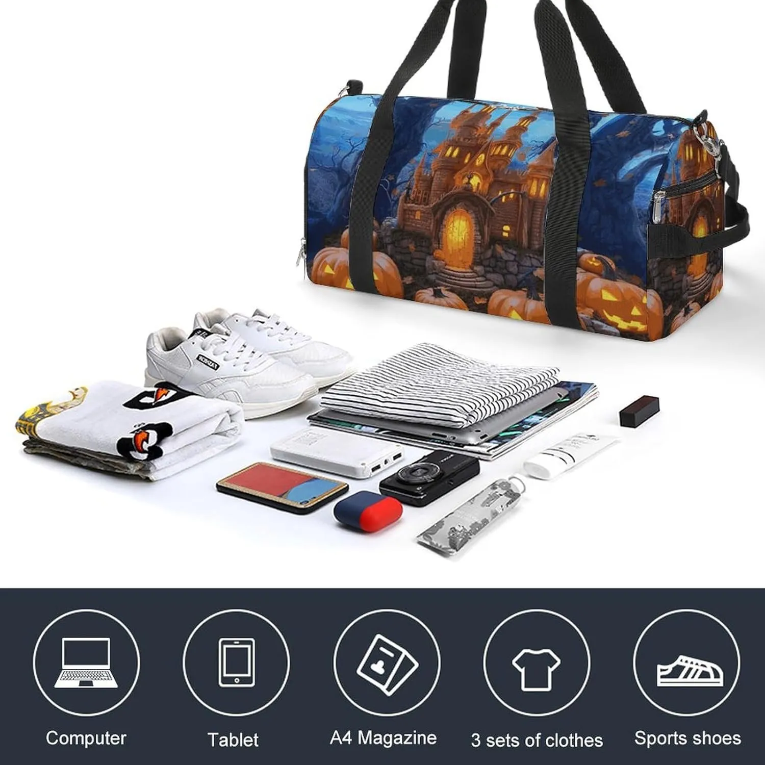 Gym Bag Halloween Castle Pumpkin Duffel Bag for Men Women Overnight Bag with Shoe Compartment Workout Bags