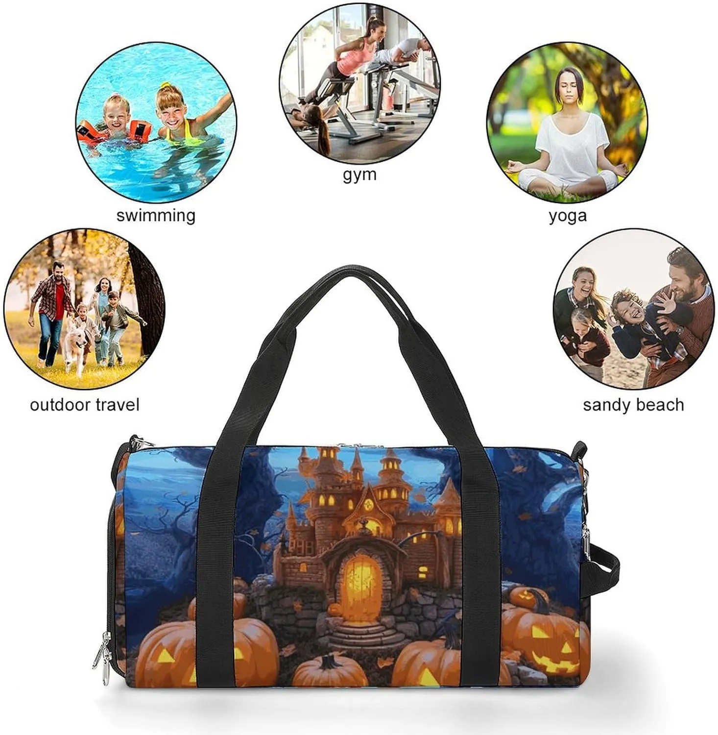 Gym Bag Halloween Castle Pumpkin Duffel Bag for Men Women Overnight Bag with Shoe Compartment Workout Bags