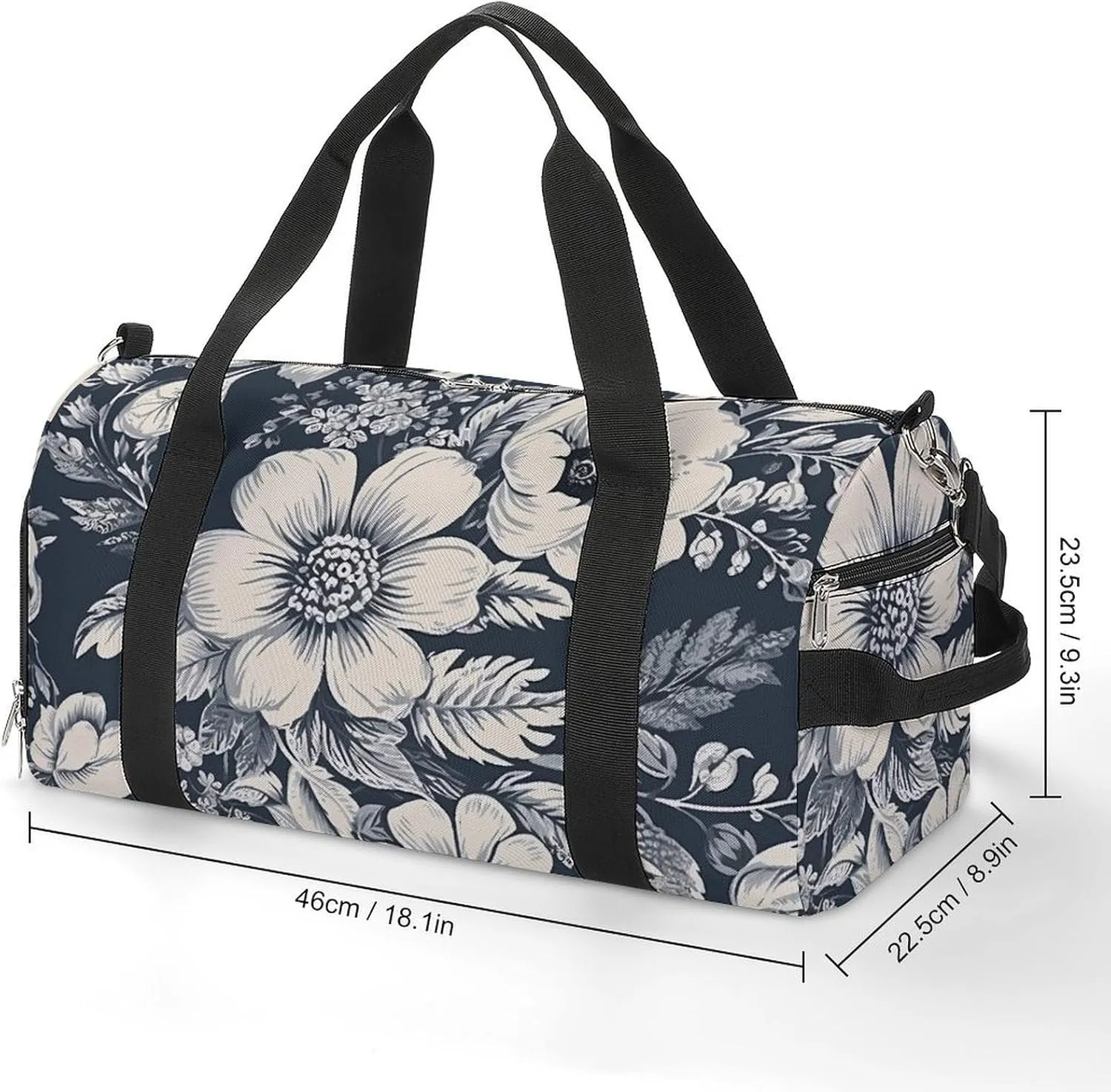 Gym Bag Hand Drawn White Flowers Duffel Bag for Men Women Overnight Bag with Shoe Compartment Workout Bags