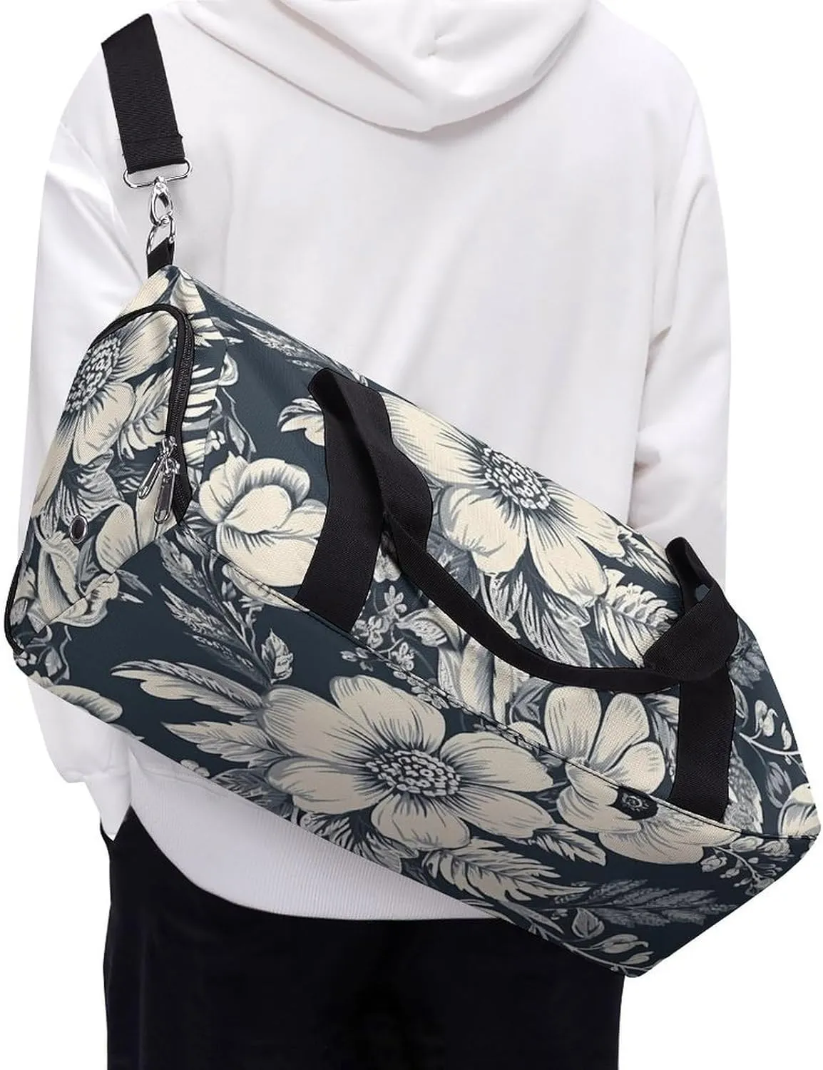 Gym Bag Hand Drawn White Flowers Duffel Bag for Men Women Overnight Bag with Shoe Compartment Workout Bags