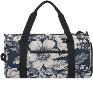 Gym Bag Hand Drawn White Flowers Duffel Bag for Men Women Overnight Bag with Shoe Compartment Workout Bags