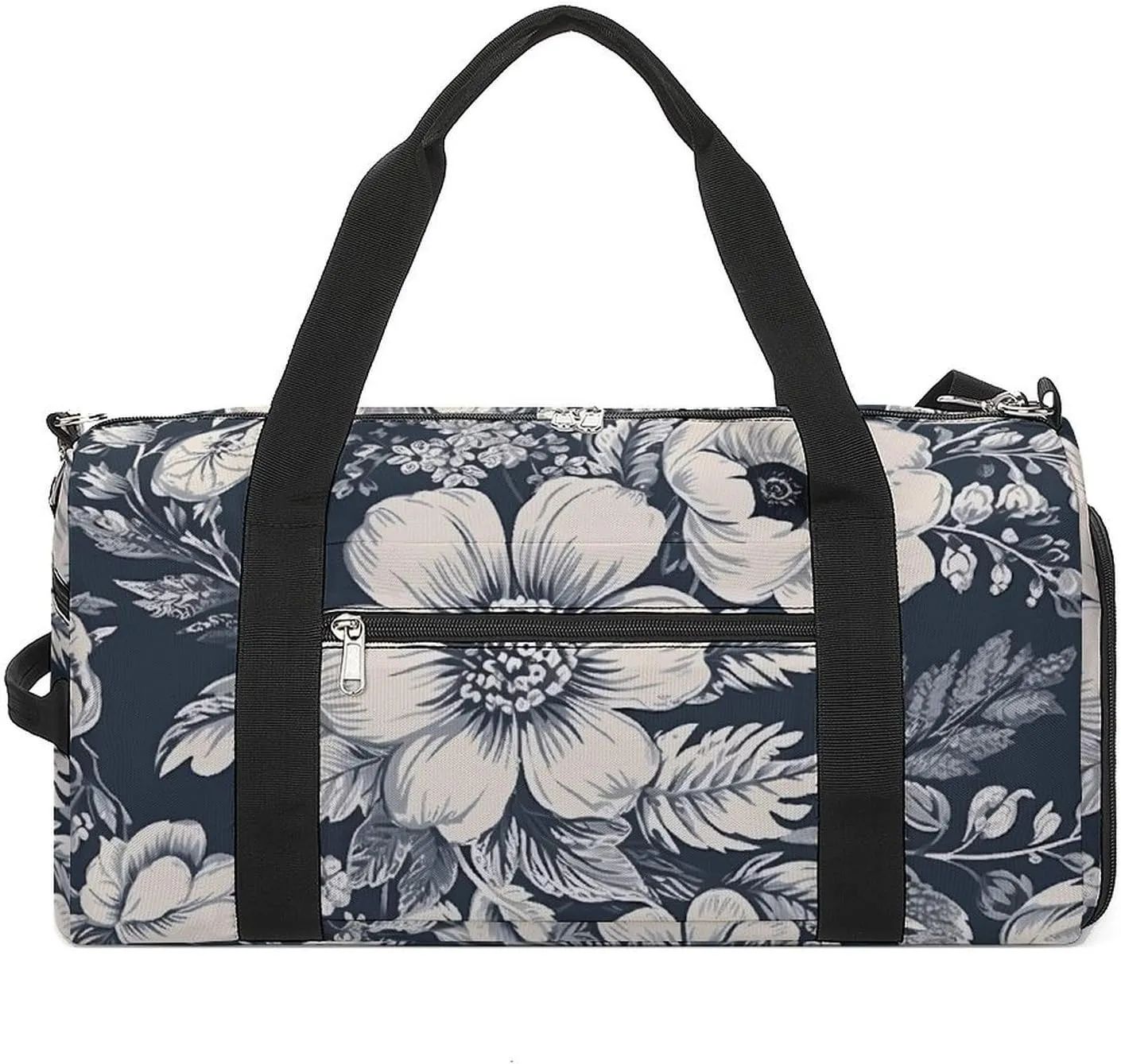 Gym Bag Hand Drawn White Flowers Duffel Bag for Men Women Overnight Bag with Shoe Compartment Workout Bags