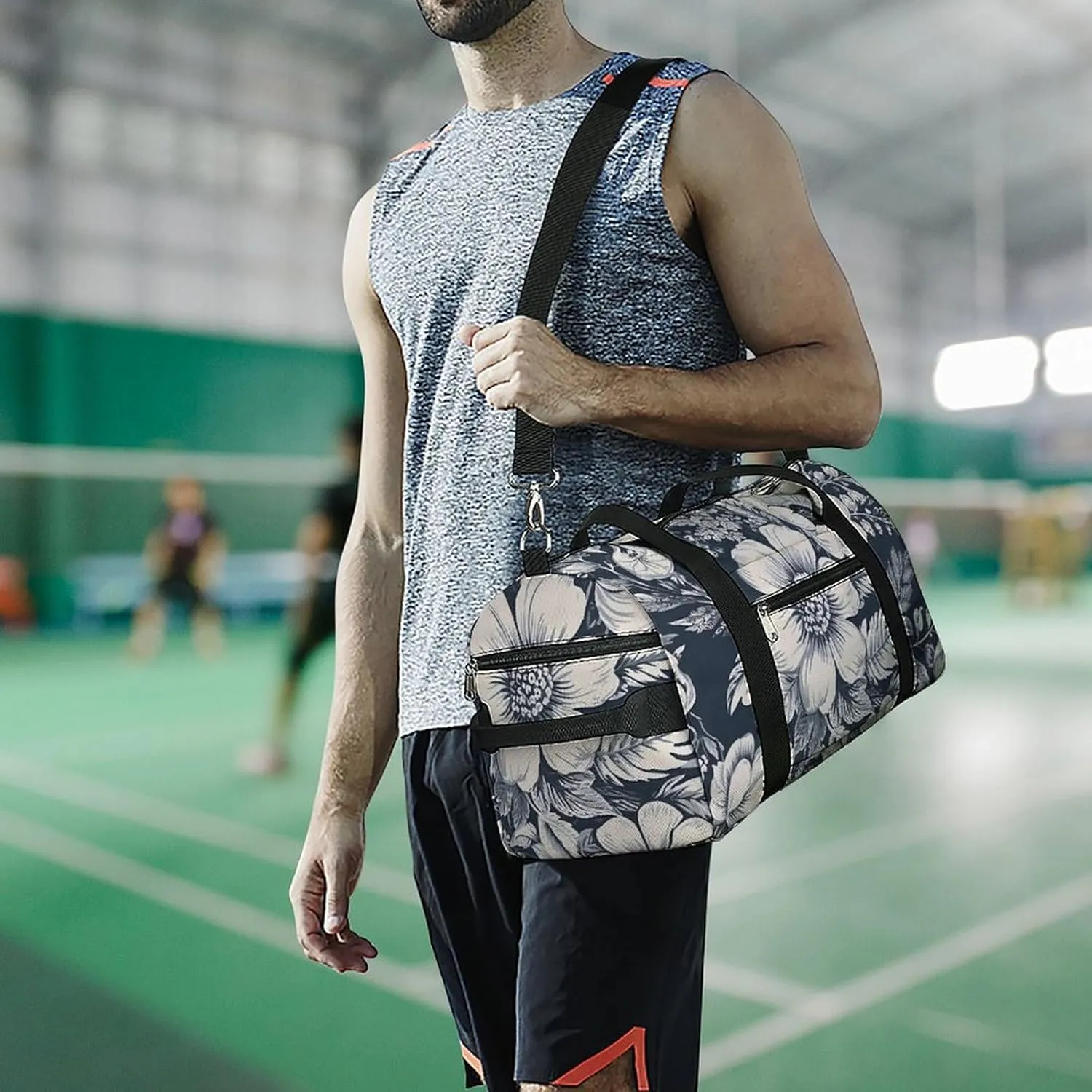 Gym Bag Hand Drawn White Flowers Duffel Bag for Men Women Overnight Bag with Shoe Compartment Workout Bags