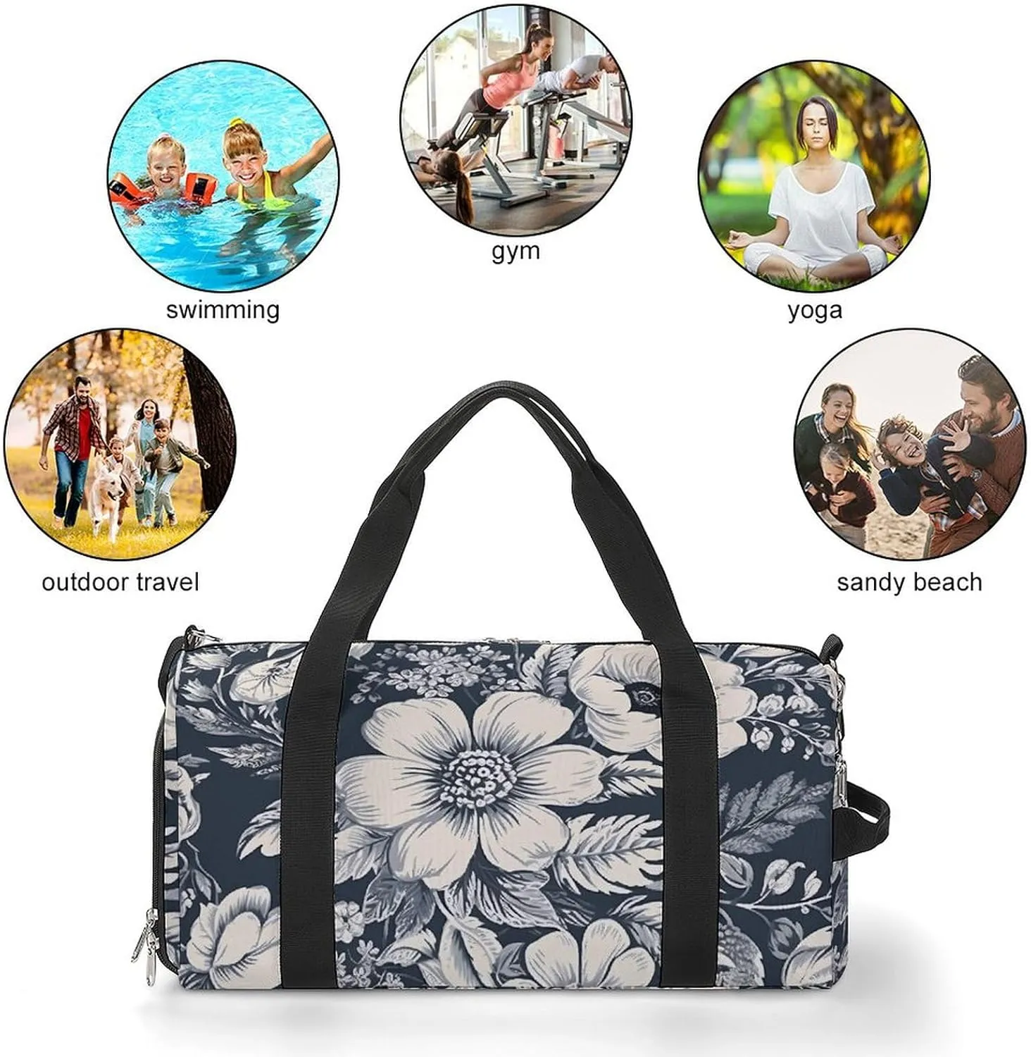Gym Bag Hand Drawn White Flowers Duffel Bag for Men Women Overnight Bag with Shoe Compartment Workout Bags