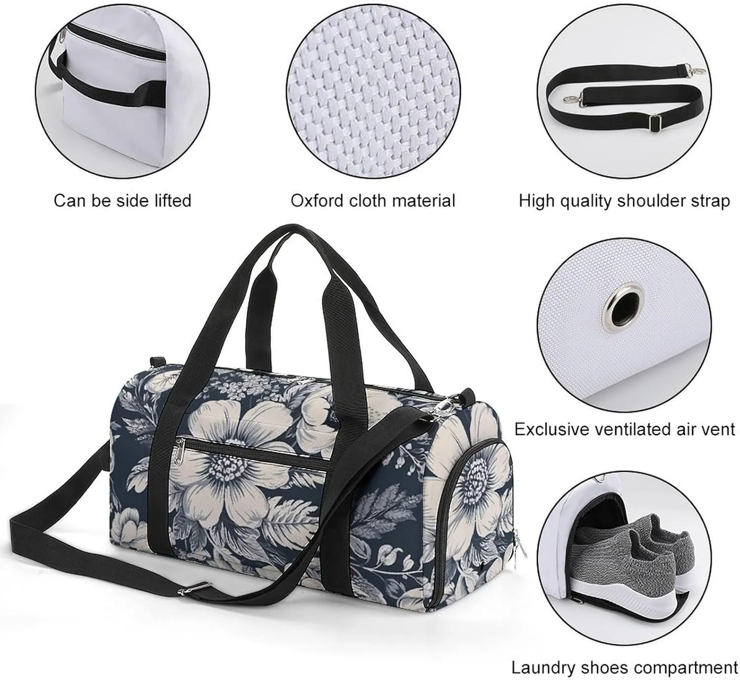 Gym Bag Hand Drawn White Flowers Duffel Bag for Men Women Overnight Bag with Shoe Compartment Workout Bags