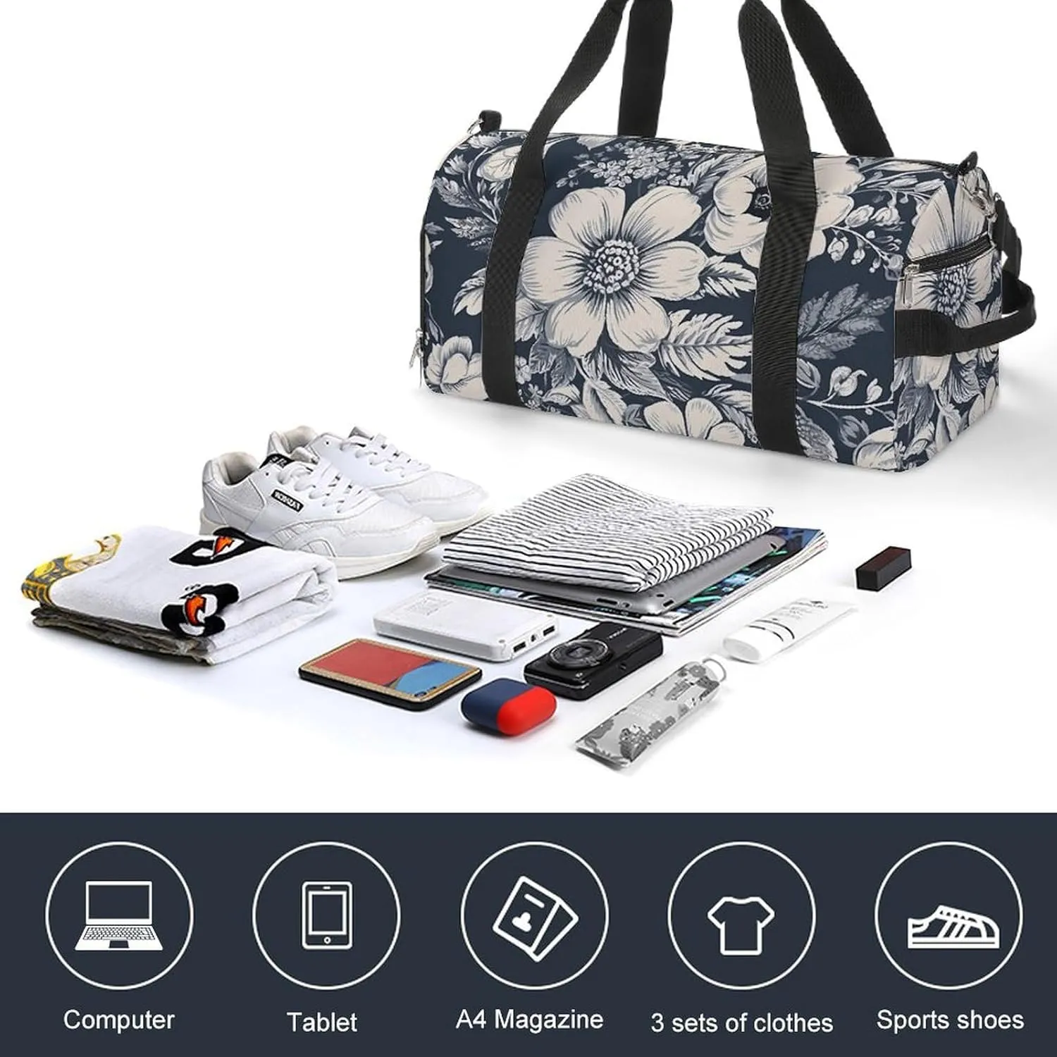 Gym Bag Hand Drawn White Flowers Duffel Bag for Men Women Overnight Bag with Shoe Compartment Workout Bags