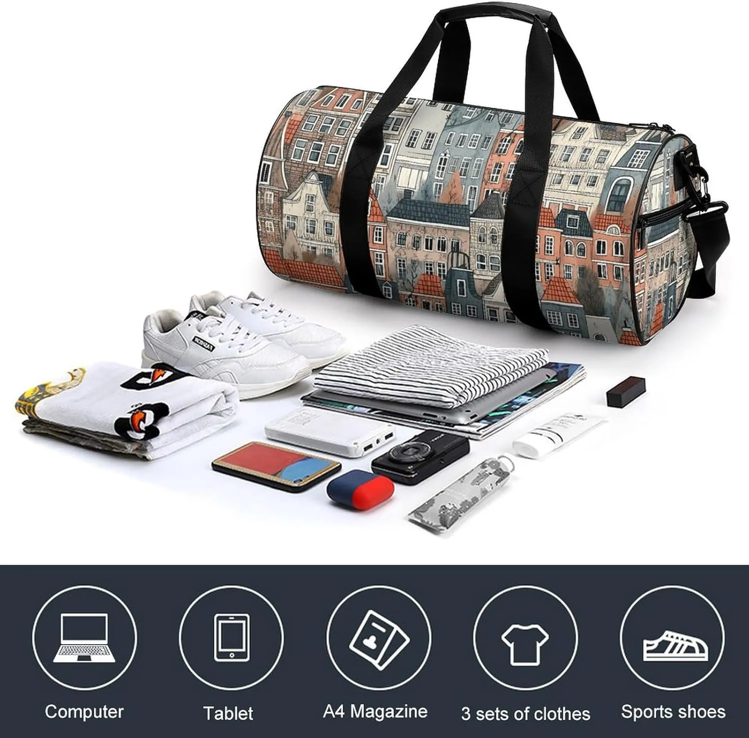 Gym Bag House Pattern Duffel Bag for Men Women Overnight Bag with Shoe Compartment Workout Bags